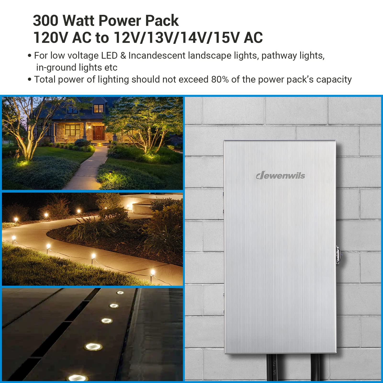 DEWENWILS 300W Low Voltage Transformer, 120V AC to 12V-15V AC, Stainless Steel, Outdoor for Landscape Lighting, Model SHOSL05F
