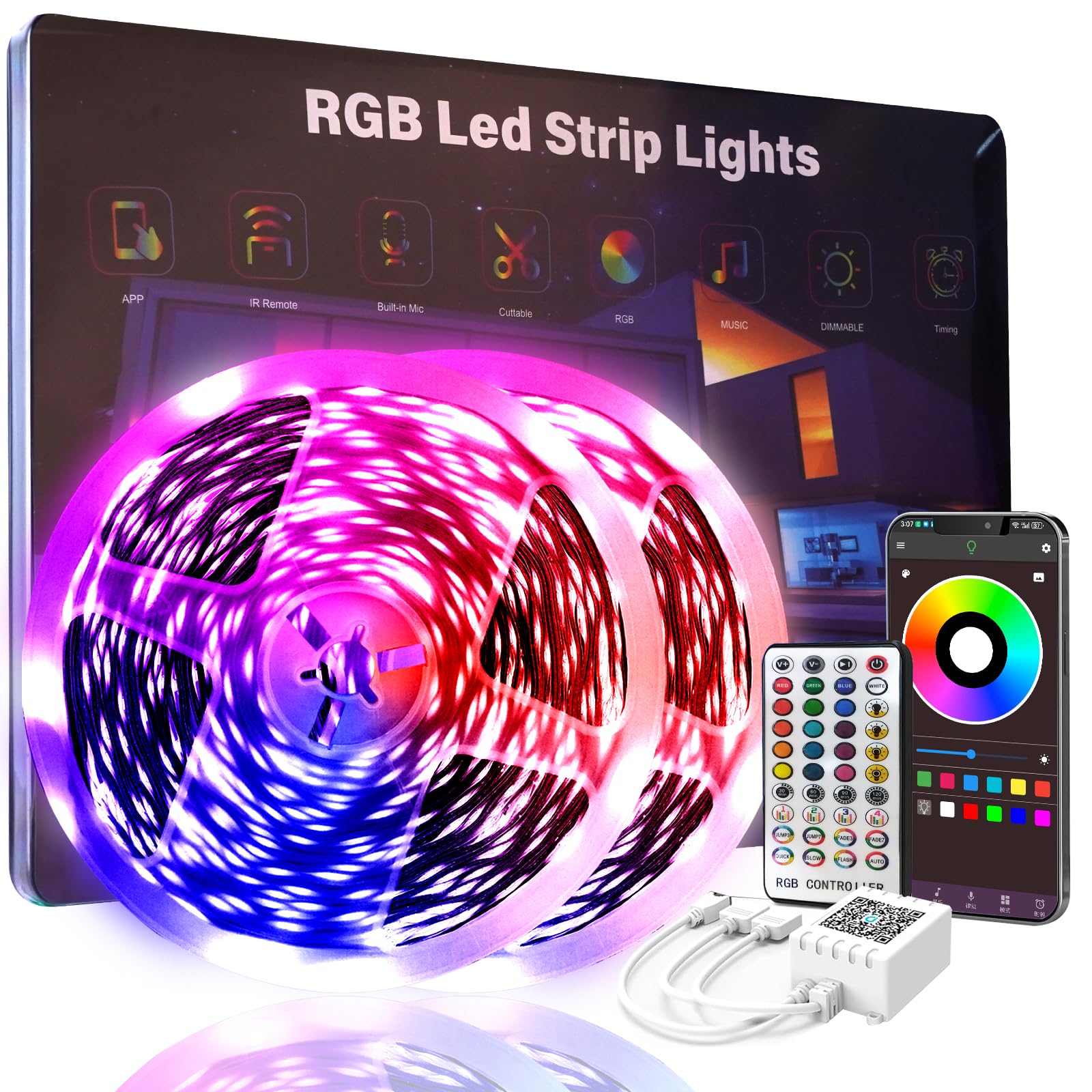 FBY 50 FT LED Strip Lights, Multicolor RGB, Bluetooth Remote Control, Music Sync, for Bedroom and Party Decoration