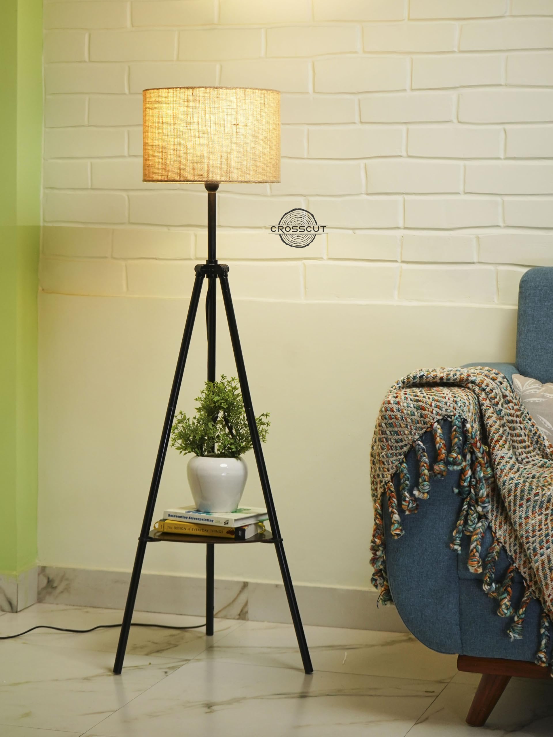 Crosscut Furniture Metal Floor Lamp with decorative shelf (Natural Jute)