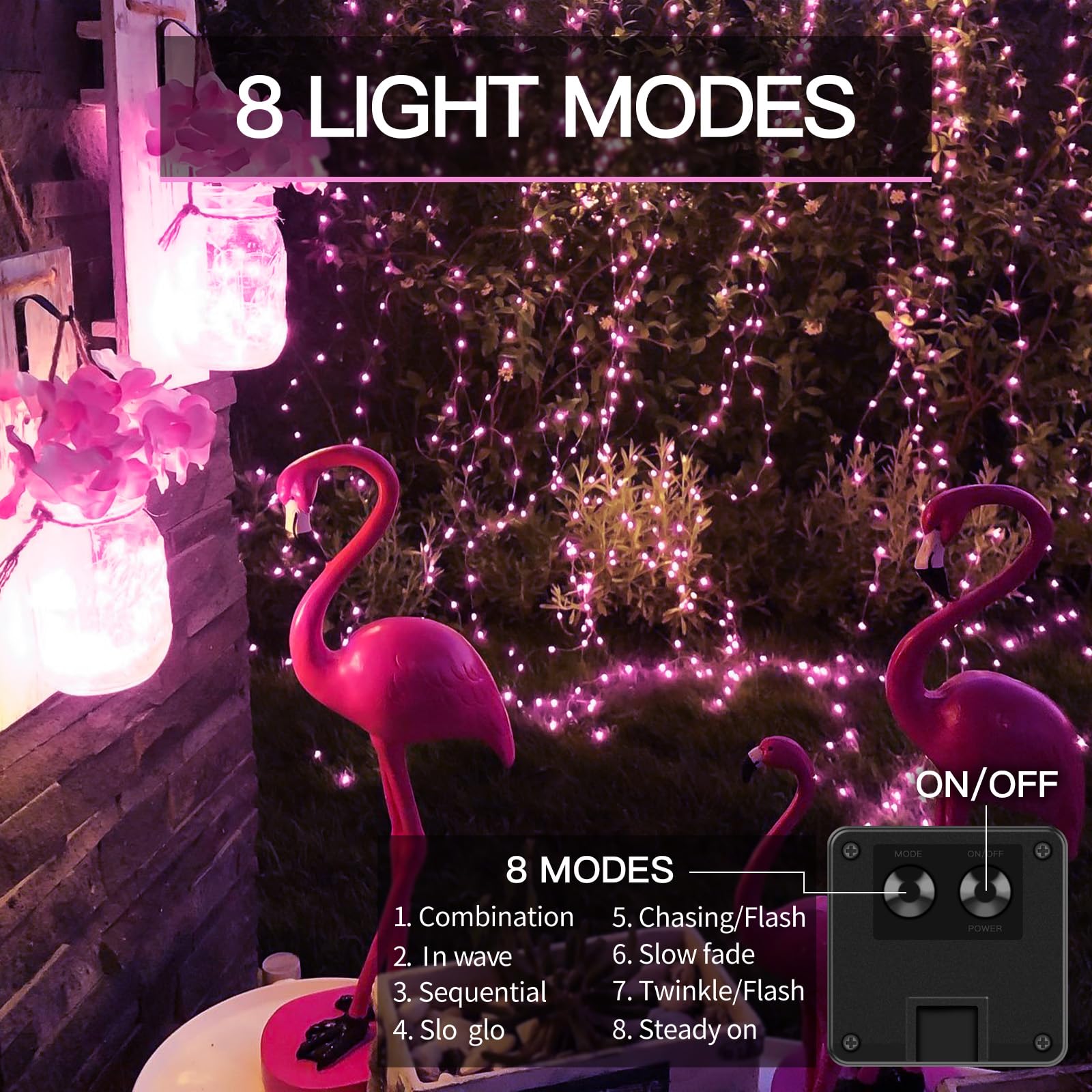 Suddus Pink Solar String Lights For Outside, 2 Pack Total 66Ft 200 Led Pink Fairy Light Outdoor, 8 Modes Solar Twinkle Light For