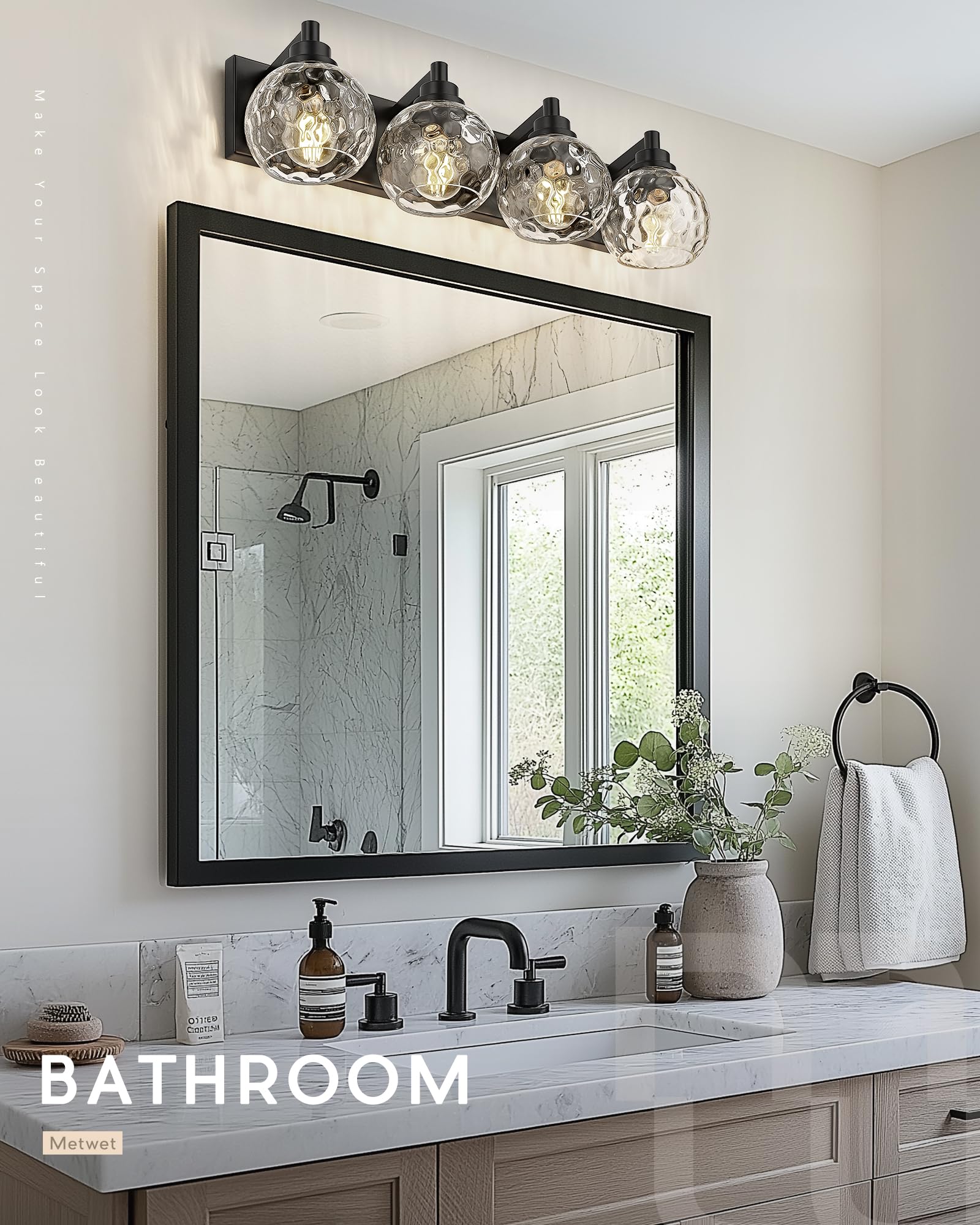 METWET 4-Light Bathroom Vanity Light, Matte Black with Hammered Glass Shade, Model VL200-MB-CL-4, Modern Sconces for Hallway & Bedroom
