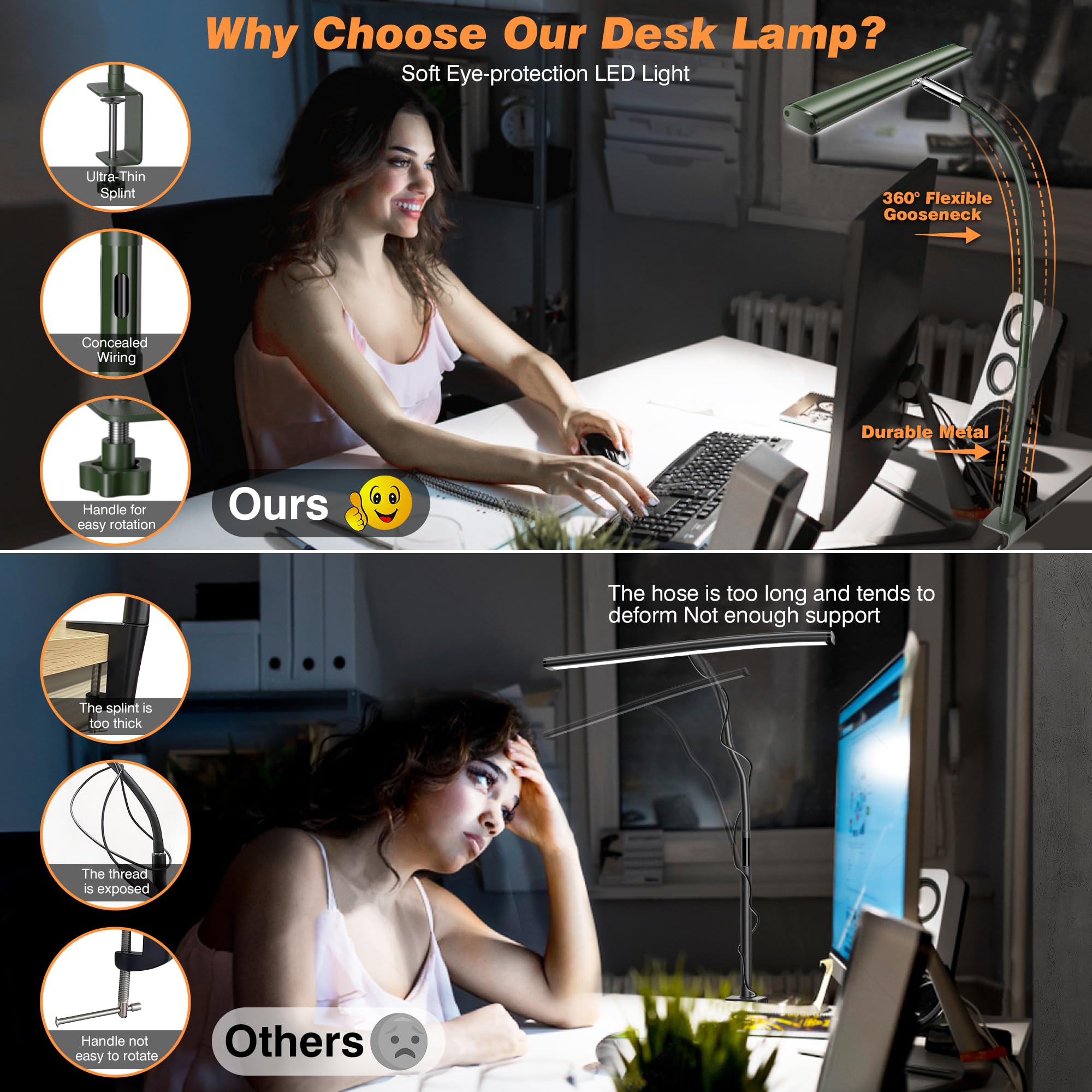 Airlonv Green Led Desk Lamp, Eye-Caring Light With Stepless Dimming & Flexible Gooseneck