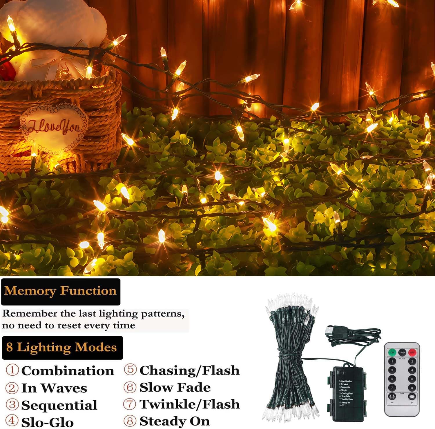Tcamp 33ft 100LED Battery Operated Christmas Lights, Warm White, Remote Timer, 8 Modes, Indoor/Outdoor, Model LSO-100/2F