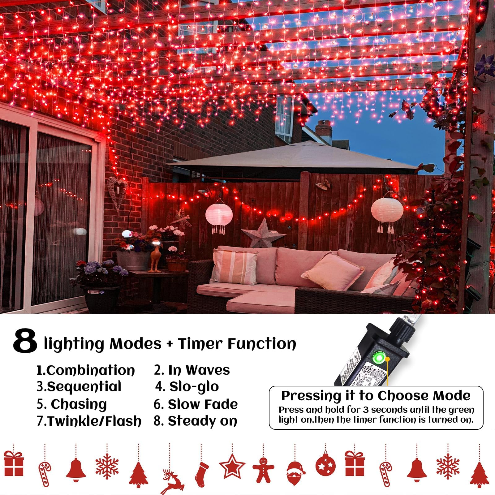 66Ft Icicle Lights For Outside, Red Christmas Lights Outdoor Waterproof For House, 640 Led Twinkle Tree Lights With 120 Drops Cl