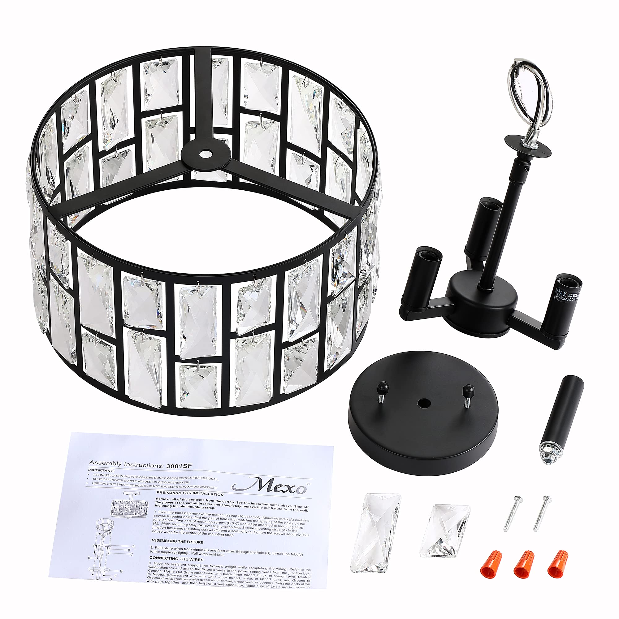 Mexo Black Farmhouse Crystal Semi Flush Mount Light Fixture, 3Lt Drum Shade For Home Decor