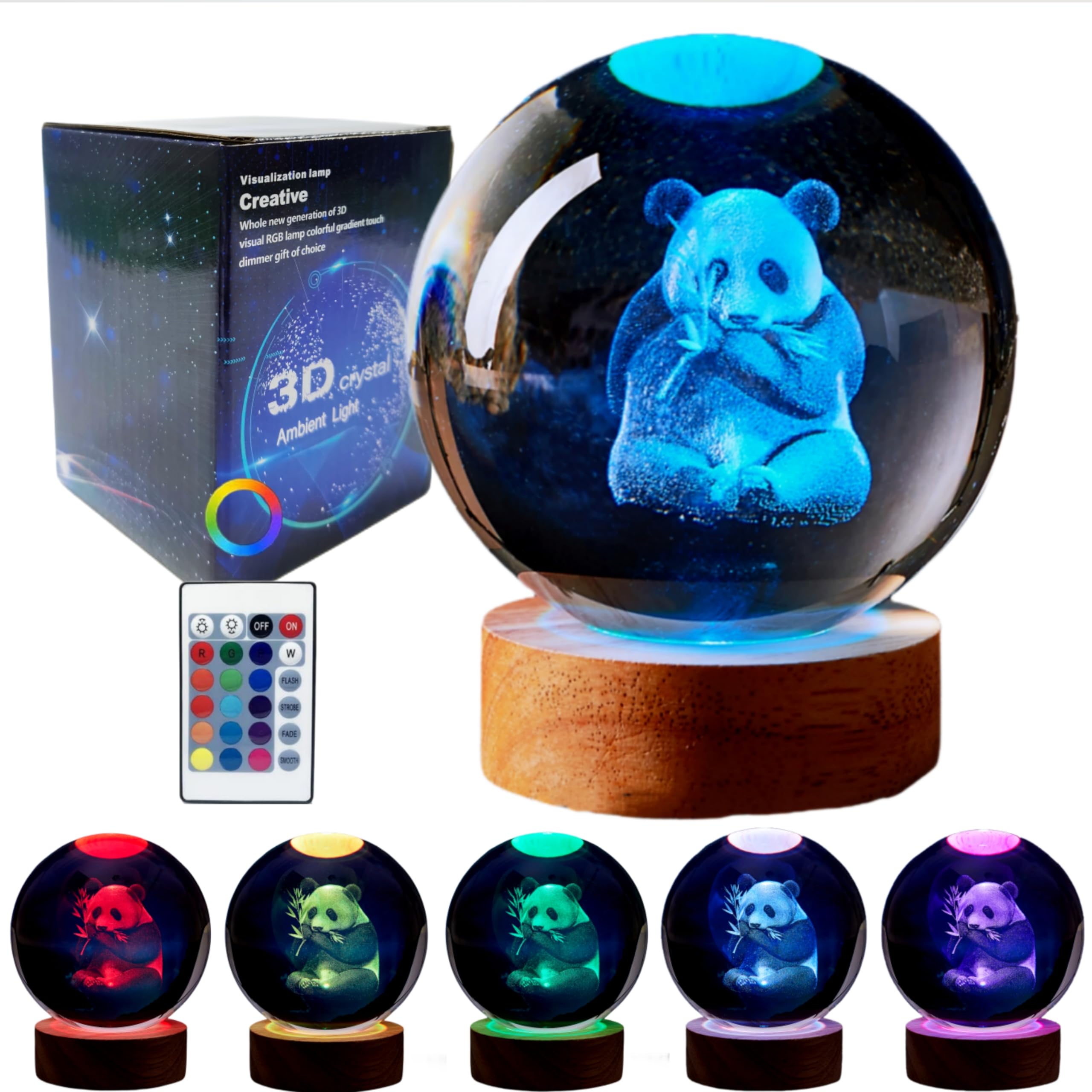 Panda Crystal Ball Lamp,3.15 inch 3D K9 Crystal Ball Panda Night Light,16 Colors Changing Light,Dimmable Remote Control,Panda La