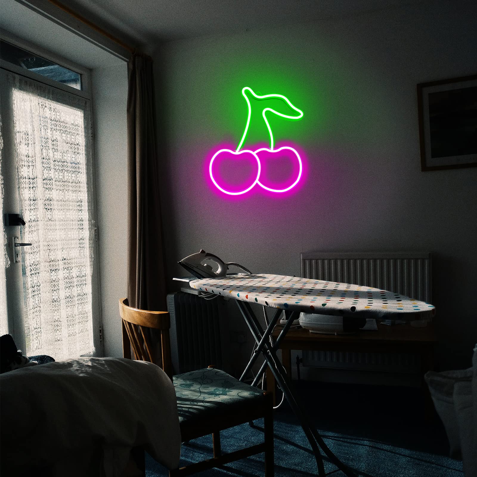 BerniceKelly Cherry Neon Sign, LED Wall Decor, Plastic, Model WUE-54, Green & Pink Cherries for Kids Room, Restaurant, Bar, Home