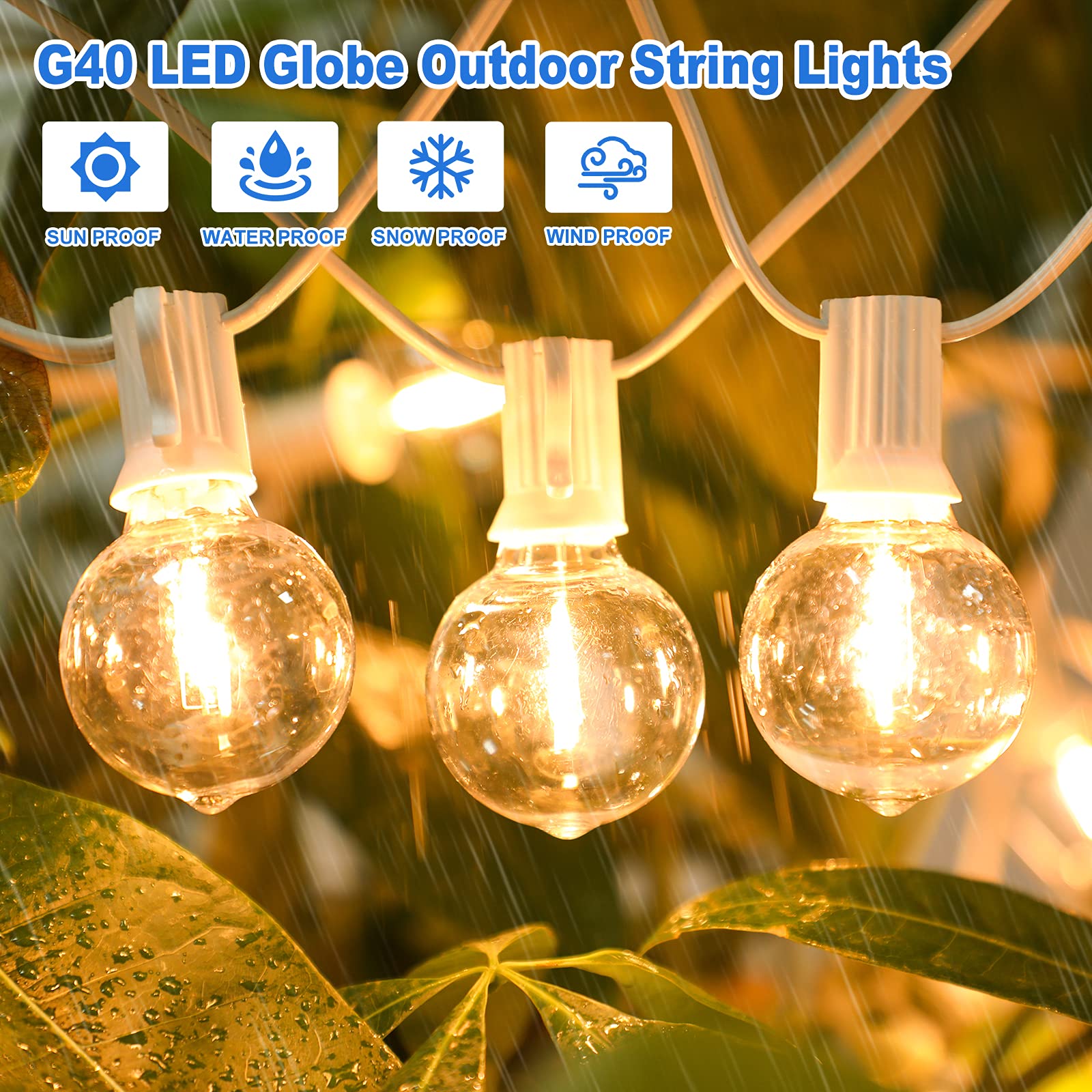 Bosceos G40 LED Globe String Lights 50FT, Dimmable, Shatterproof, Waterproof, White Wire, 25+2 Bulbs, Model GYPC-O25LAU