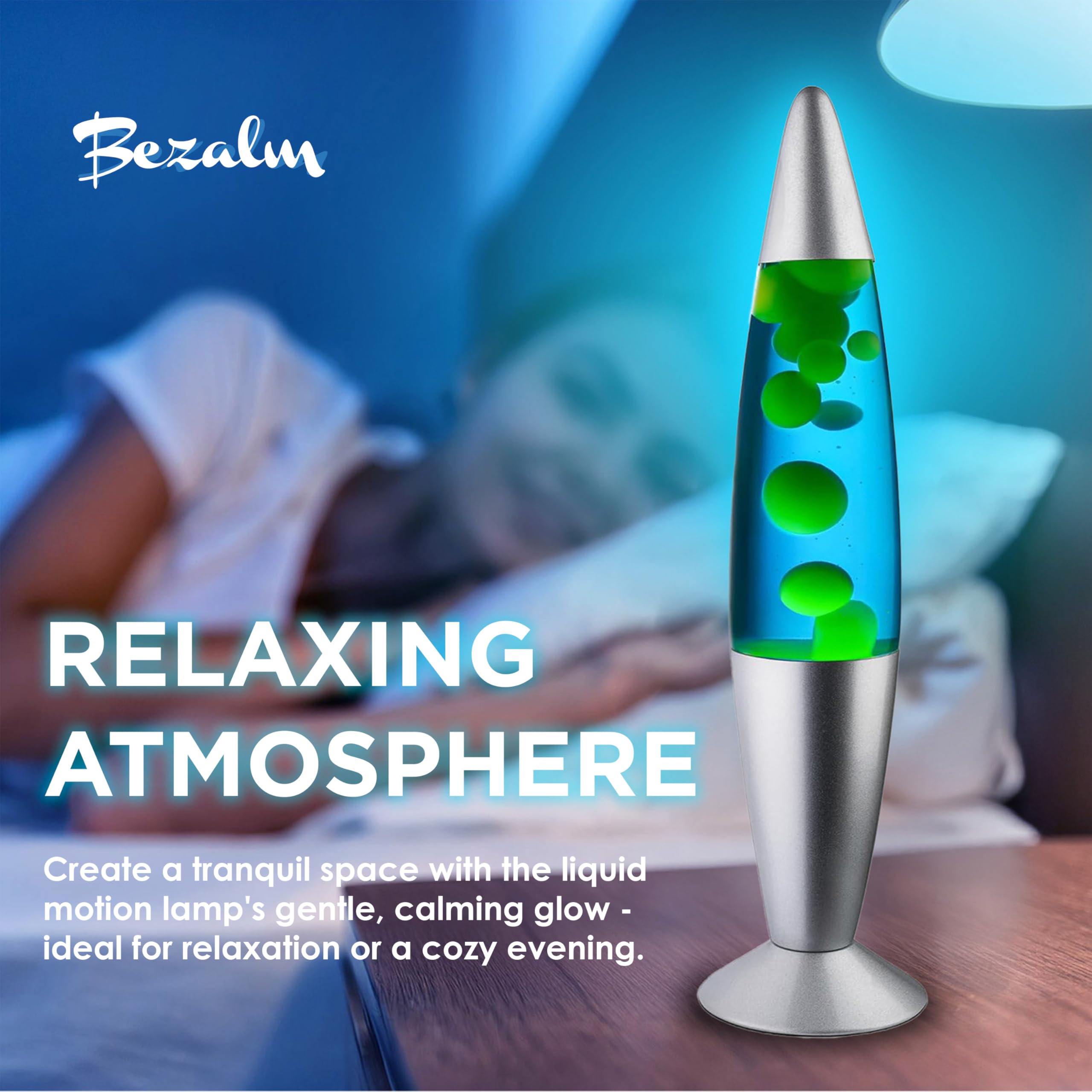 JAMBO 16-Inch Beautiful Lamp - Relaxing Night Light for Home & Office, Silver Base, Blue Liquid, Yellow Wax, Model 75010