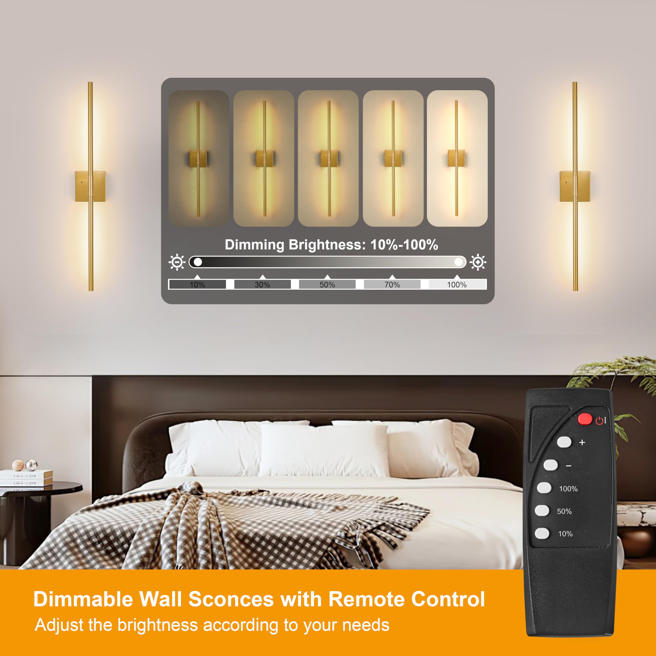 Morauroral Gold Battery Operated Wall Sconces Set Of 2, Dimmable Wall Sconces With Remote Control, Rechargeable Sconces Wall Lig