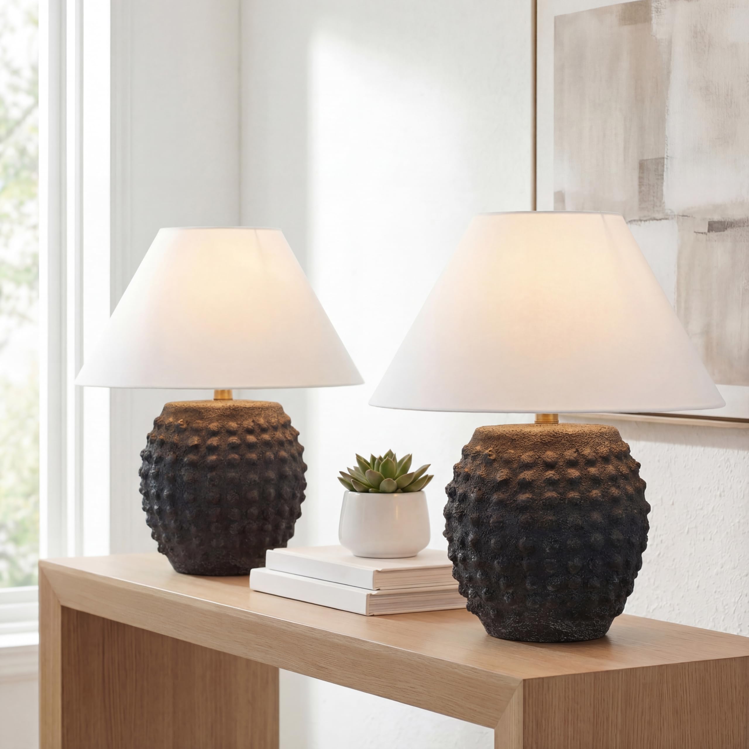 JONATHAN Y 18.25 Matte Black Ceramic Hobnail Table Lamp Set of 2 for Bedroom, Modern Minimalist Farmhouse Bedside Nightstand Lam