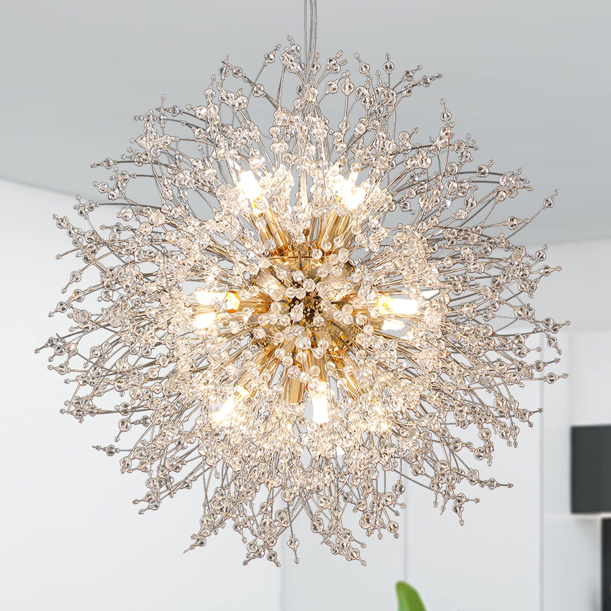 Isamacc Firework Chandelier Gold, 12-Light Modern Crystal Chandelier Dandelion, 21.6" Stainless Steel Sputnik Pendant Hanging Light for Dining Room Bedroom