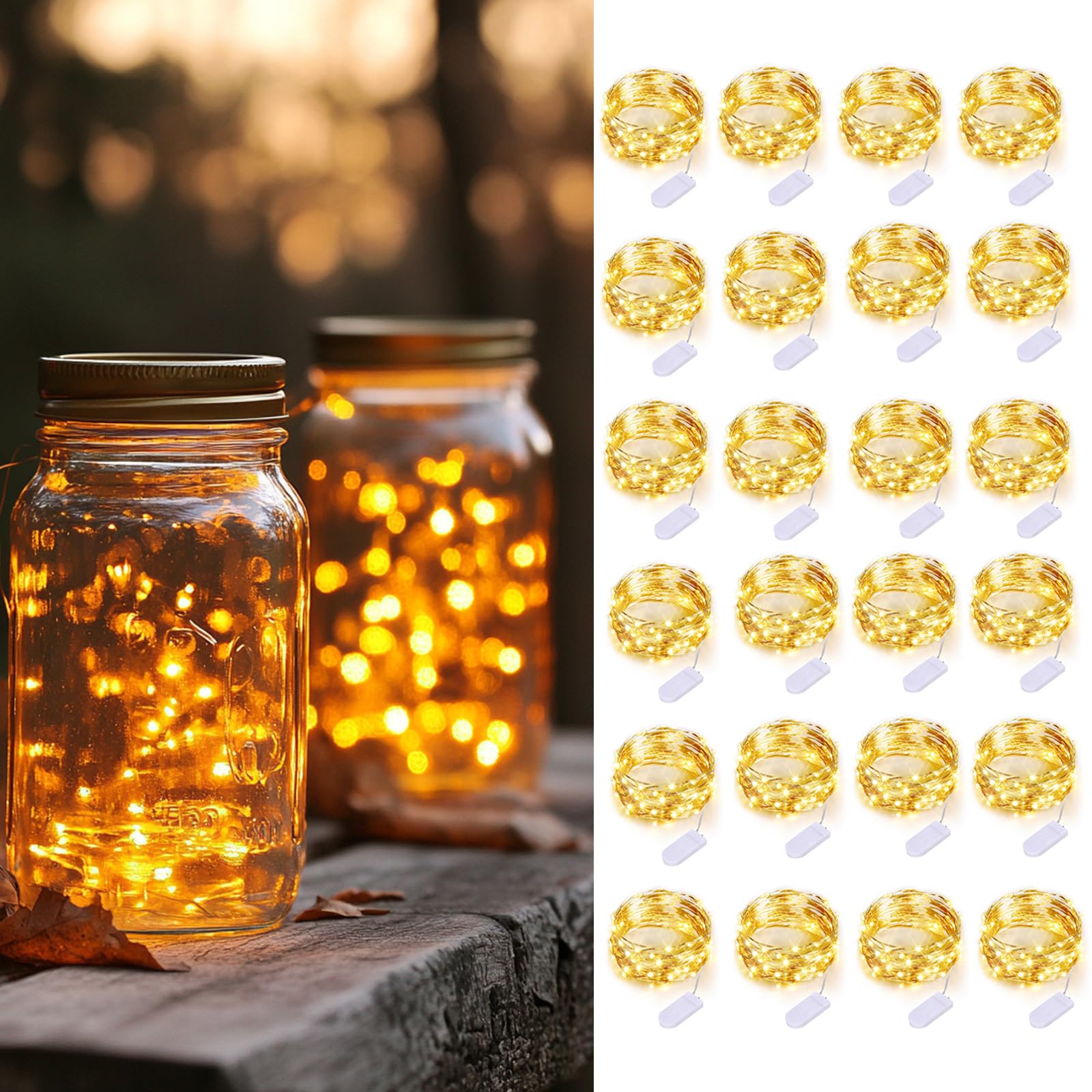 LEDIKON 24 Pack Cool White Fairy Lights Battery Operated 3.3ft 20 LED Firefly Lights  Waterproof Mini String Lights for Wedding Party Crafts Mason Jars Decor