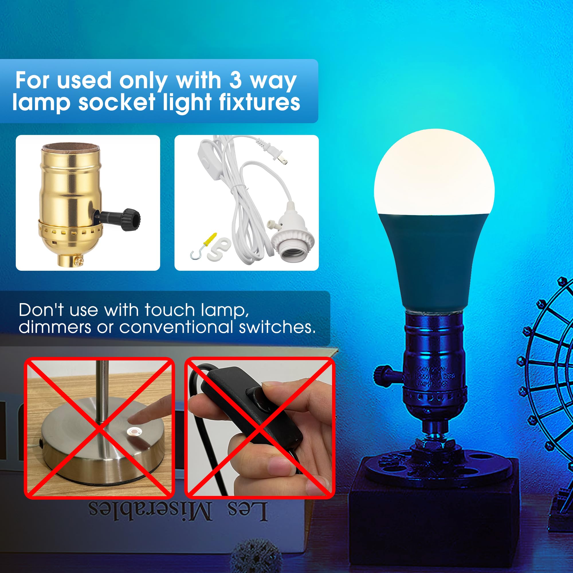 Briignite 3 Way Blue Led Light Bulbs, E26 Medium Base, 30/70/100W Equivalent, 2