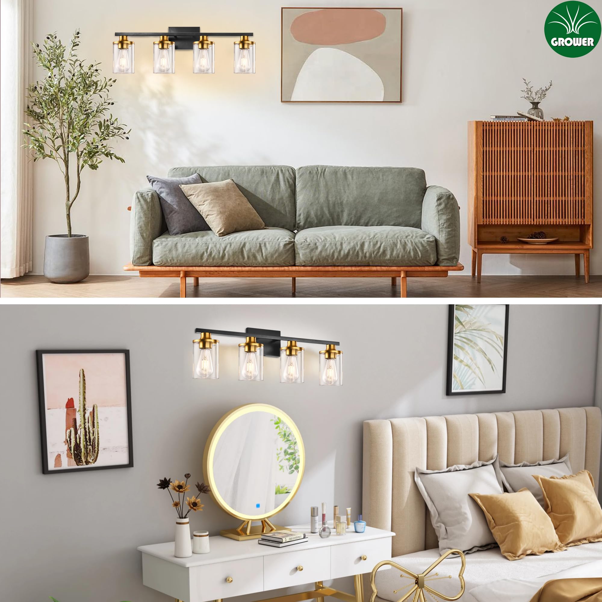 Grower 4 Lights Bathroom Light Fixtures, Black And Gold Bathroom Vanity Lights Over Mirror, Wall Sconces With Clear Glass Shade, Brushed Nickel Vanity Light Fixture For Bedroom Hallway Porch