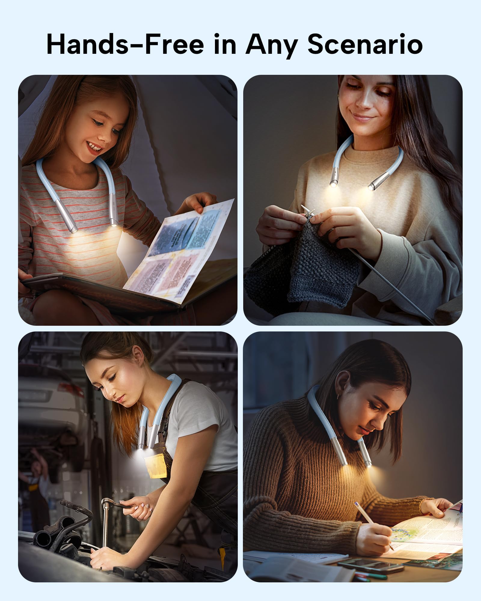 enclize LED Neck Reading Light - 9 Brightness Levels, Lightweight Design, Light Blue, Model SE-Es04, Perfect for Reading, Knitting, Camping