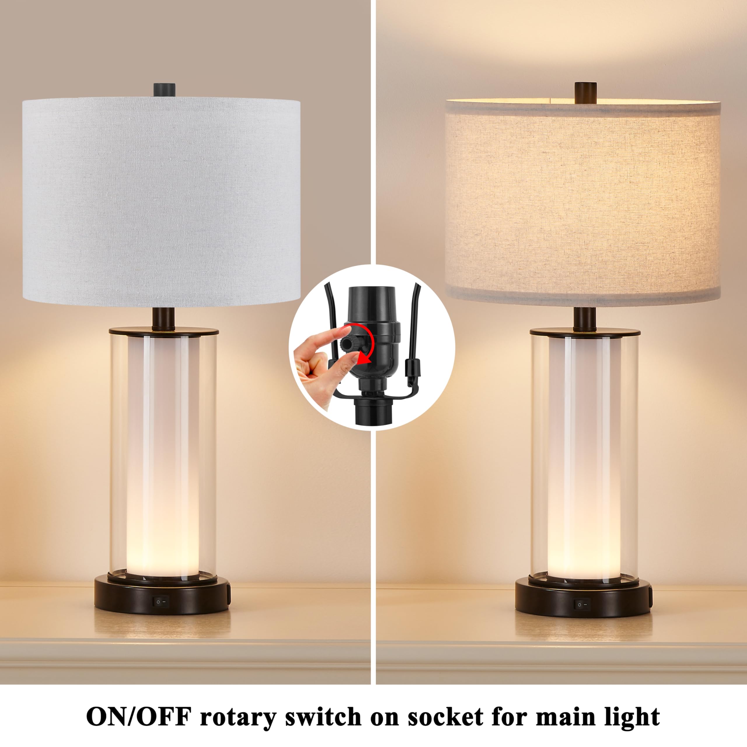 Kyrid Modern Glass Table Lamp Set with Night Light, USB Ports, 23.25" Height, Black, Model HK21321 (2 Bulbs Included)
