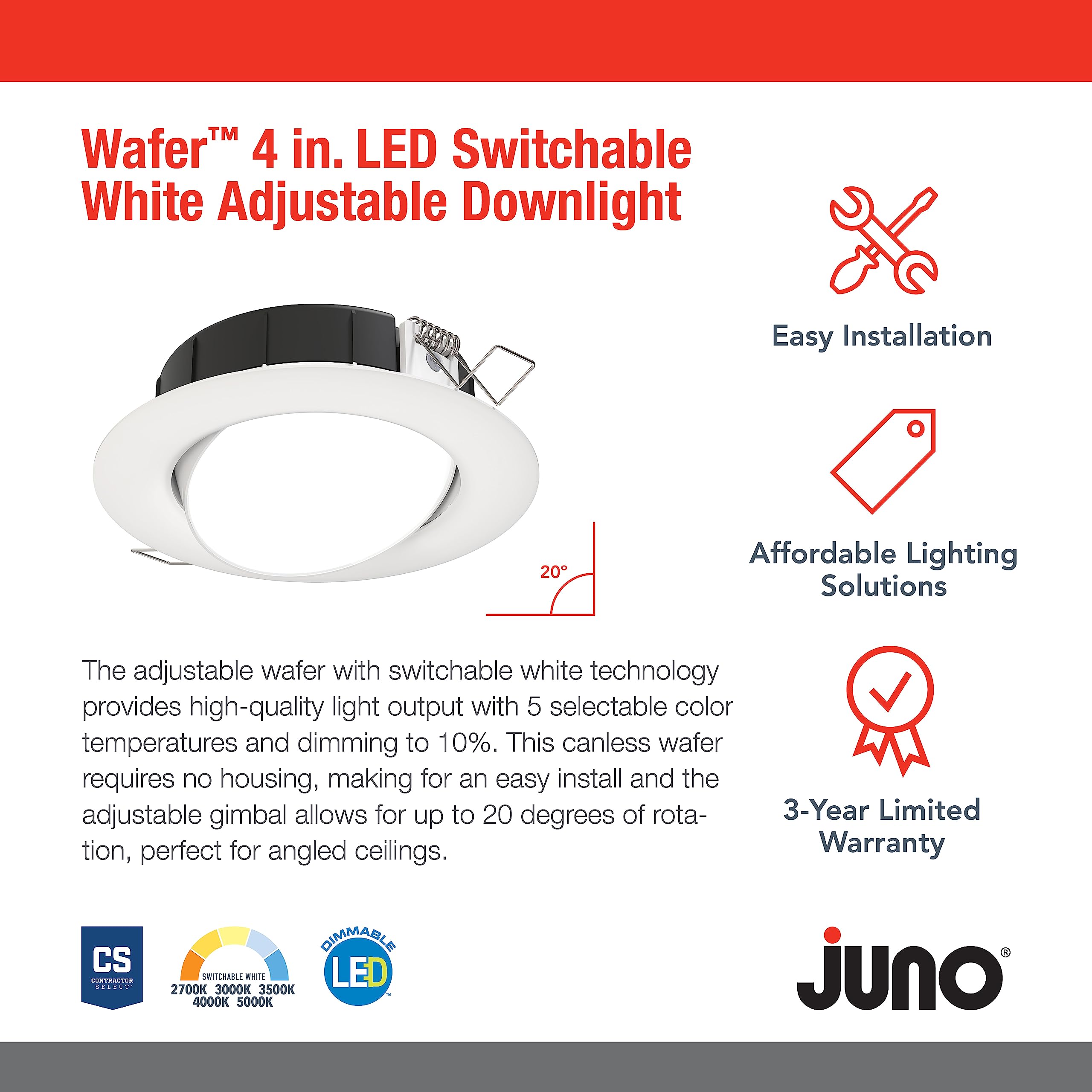 Juno Led Shower Light, Adjustable 4 Inch Wafer Downlight, Switchable Color Temperature 2700K/3000K/3500K/4000K/5000K, 90+ Cri, Matte White, 4-Inch (Wf4 Adj Sww5 90Cri Mw M6)