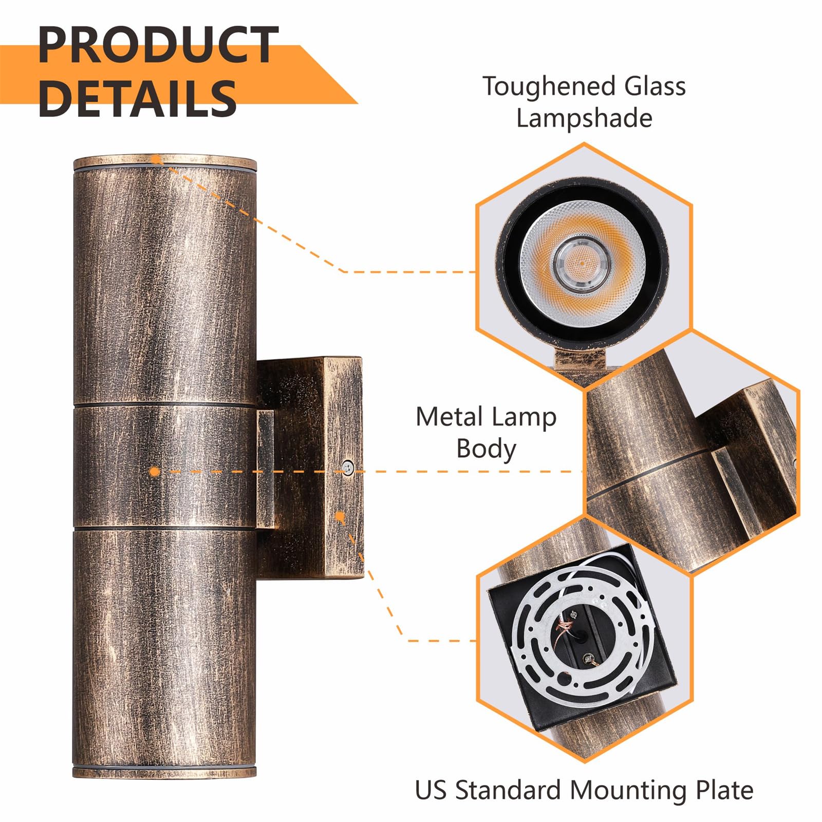 DAKAFUL Outdoor Wall Lights, 12W Integrated LED, Up Down Design, 2 Packs, Bronze