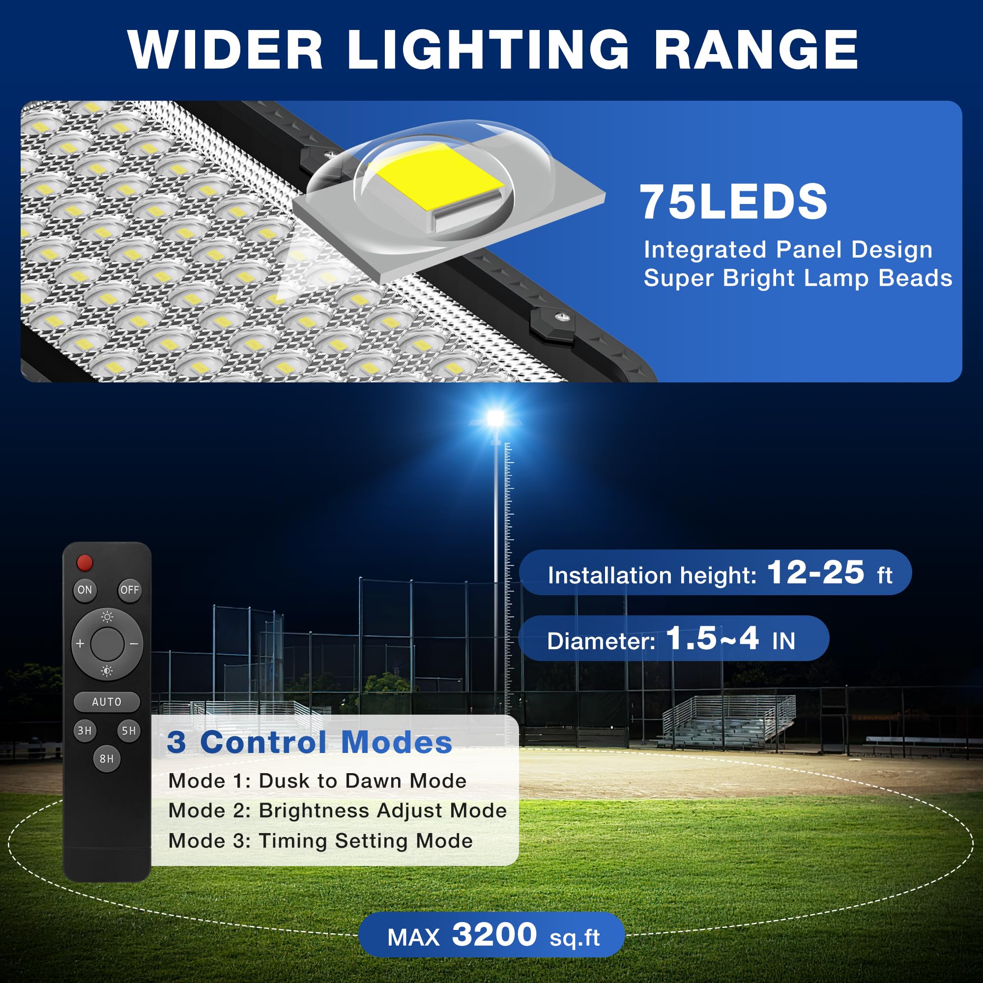 OKPRO Solar Street Light 12000W - 6500K Waterproof Dusk to Dawn, Remote Control, Black, Model S-2000A