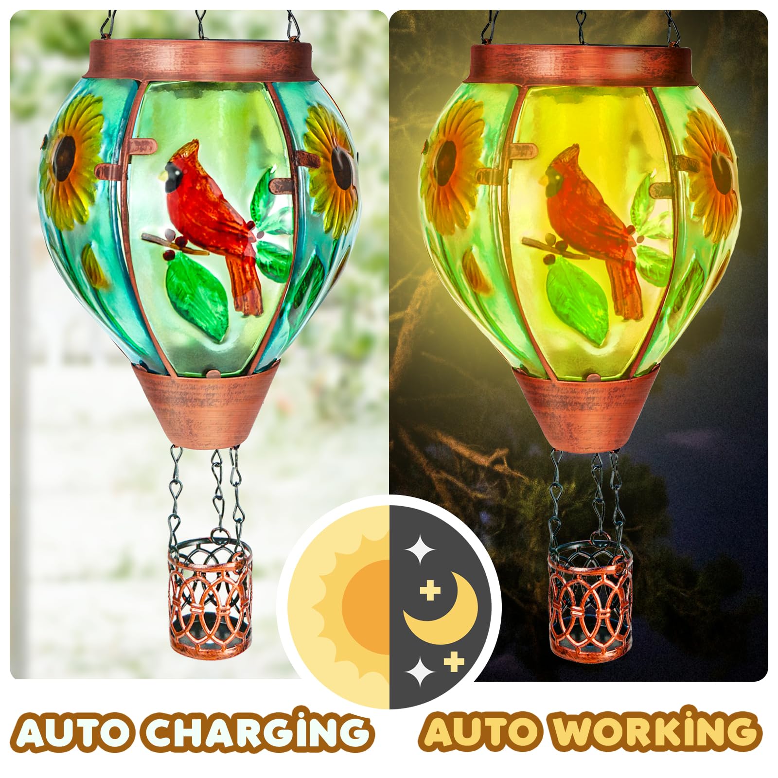 2 Pack Solar Hot Air Balloon Lantern With Flame, Cardinal Glass Solar Hanging Lights For Outdoor Yard Patio Farmhouse Decoration