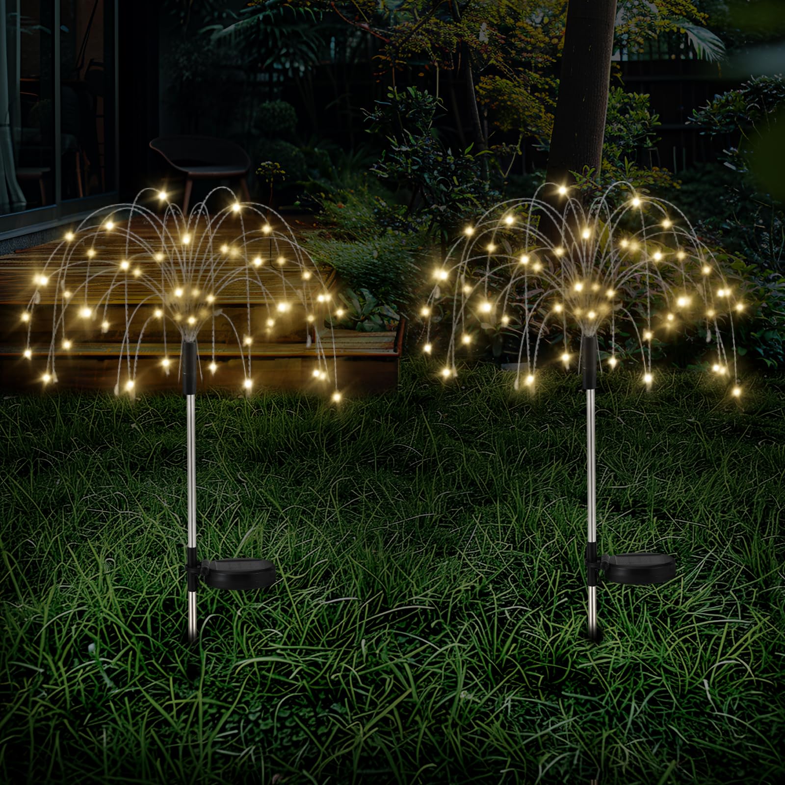 Lewondr Firework Waterproof LED Solar Lights - 120 LED Outdoor warmer starburst garden decor with 8 modes