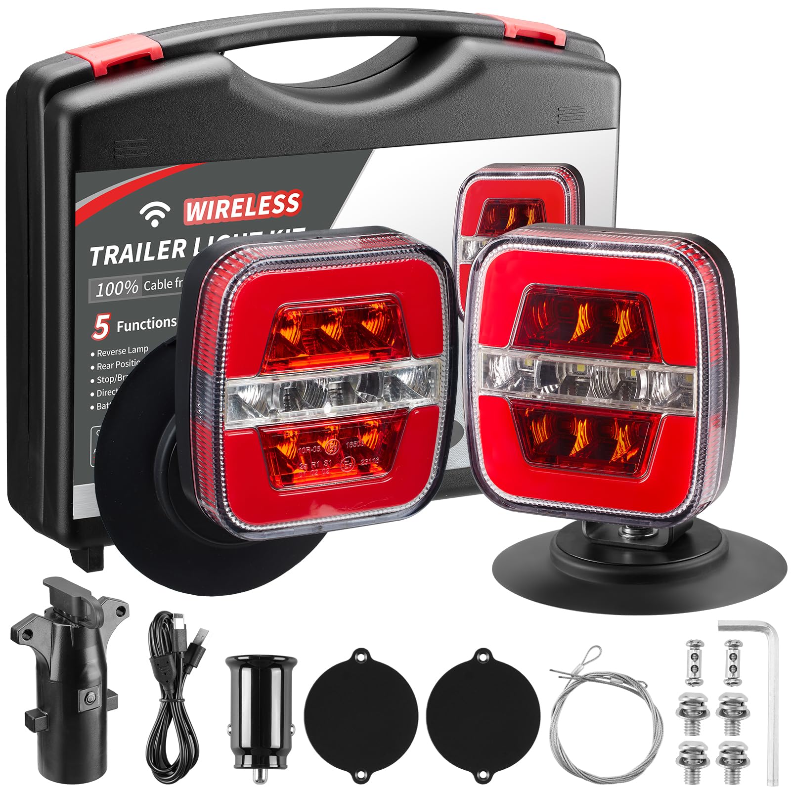 inhtgeas Wireless Trailer Lights - Magnetic, Rechargeable, LED, Model SL-5016, Version 5016, Red