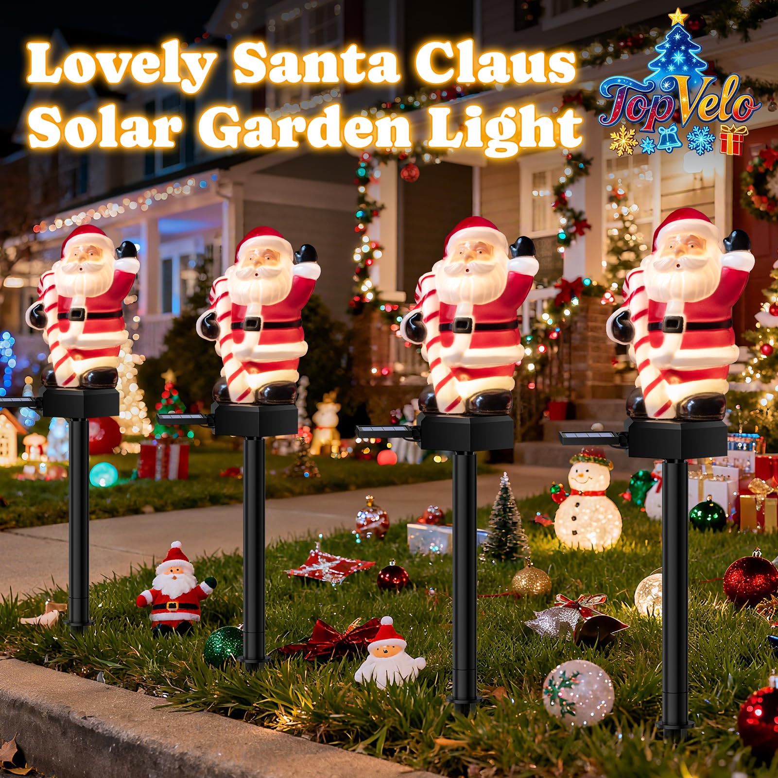 TopVelo Christmas Solar Garden Light - 4 Packs, 17.7in Waterproof, Auto ON/OFF, Red and White, Model Sante2025