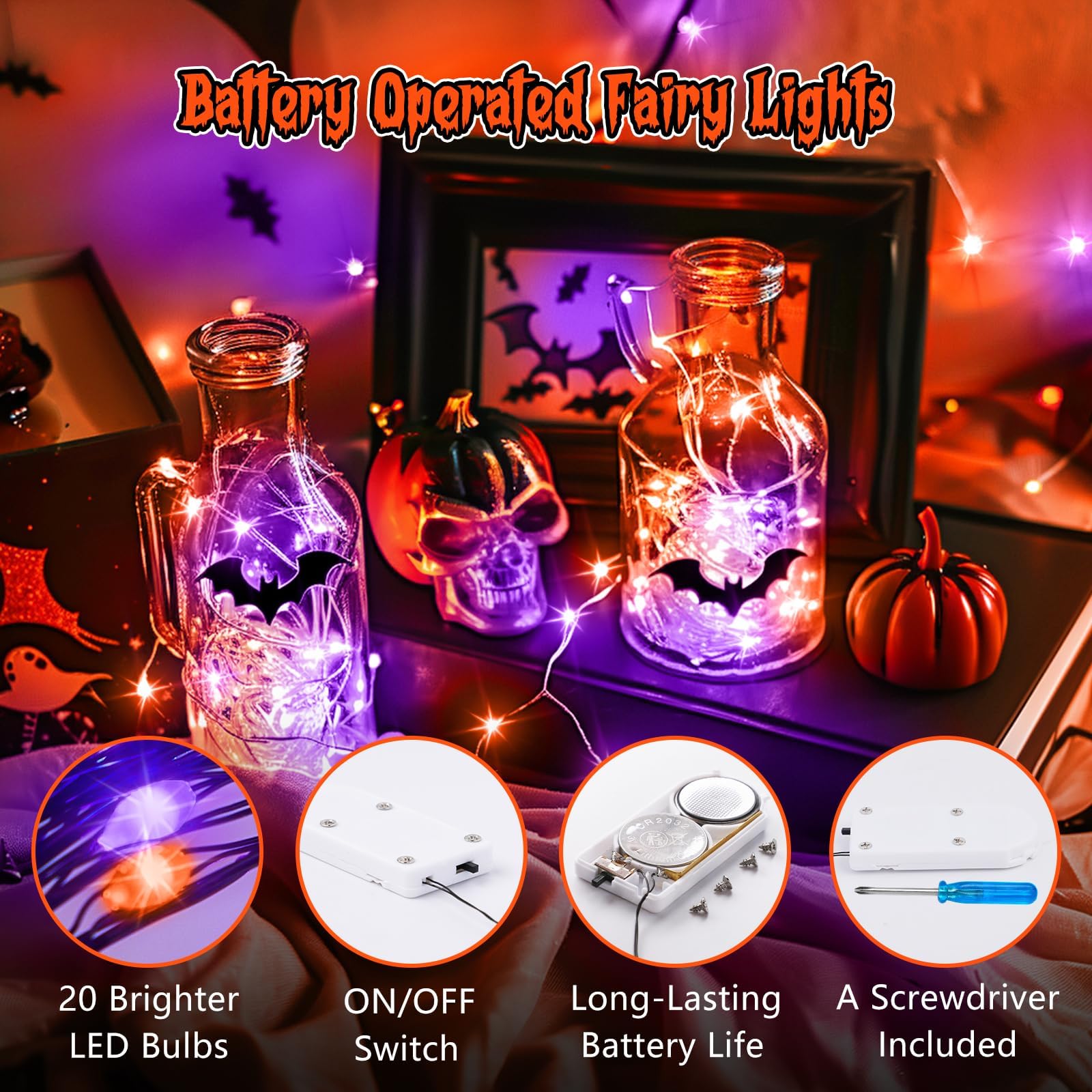 Minetom 12 Pack Orange Fairy Lights Battery Operated With Timer - 7Ft 20 Led Waterproof Short Micro Firefly Lights For Halloween Decor, Pumpkin Diy Craft, Paper Lantern Decoration