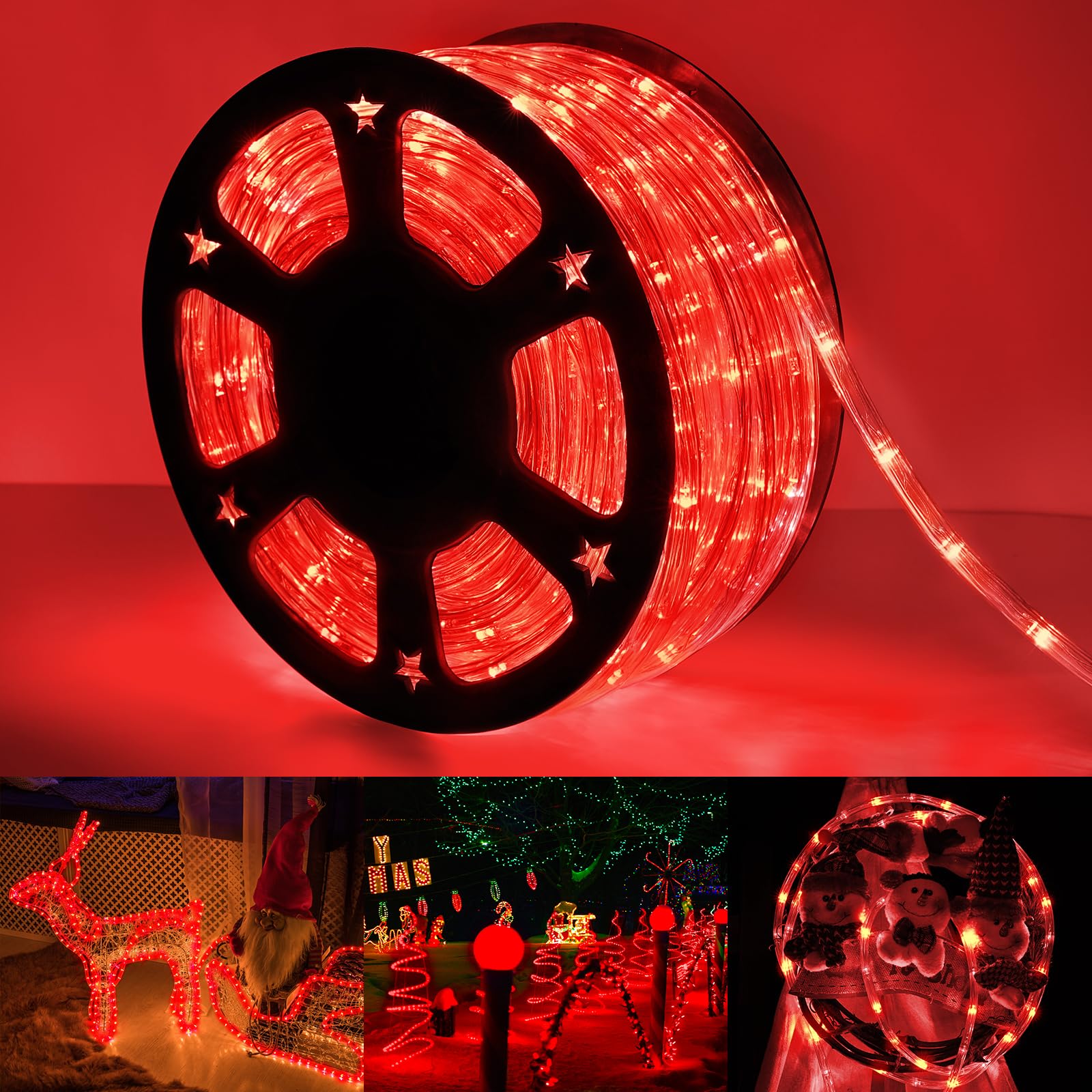 50ft LED Rope Lights Outdoor, 360 LED Connectable and Flexible Tube Lights with 8 Modes, Waterproof LED Rope Lighting for Garden, Patio, Pool, Bedroom, Party, Indoor Outdoor Christmas Decoration (Red)
