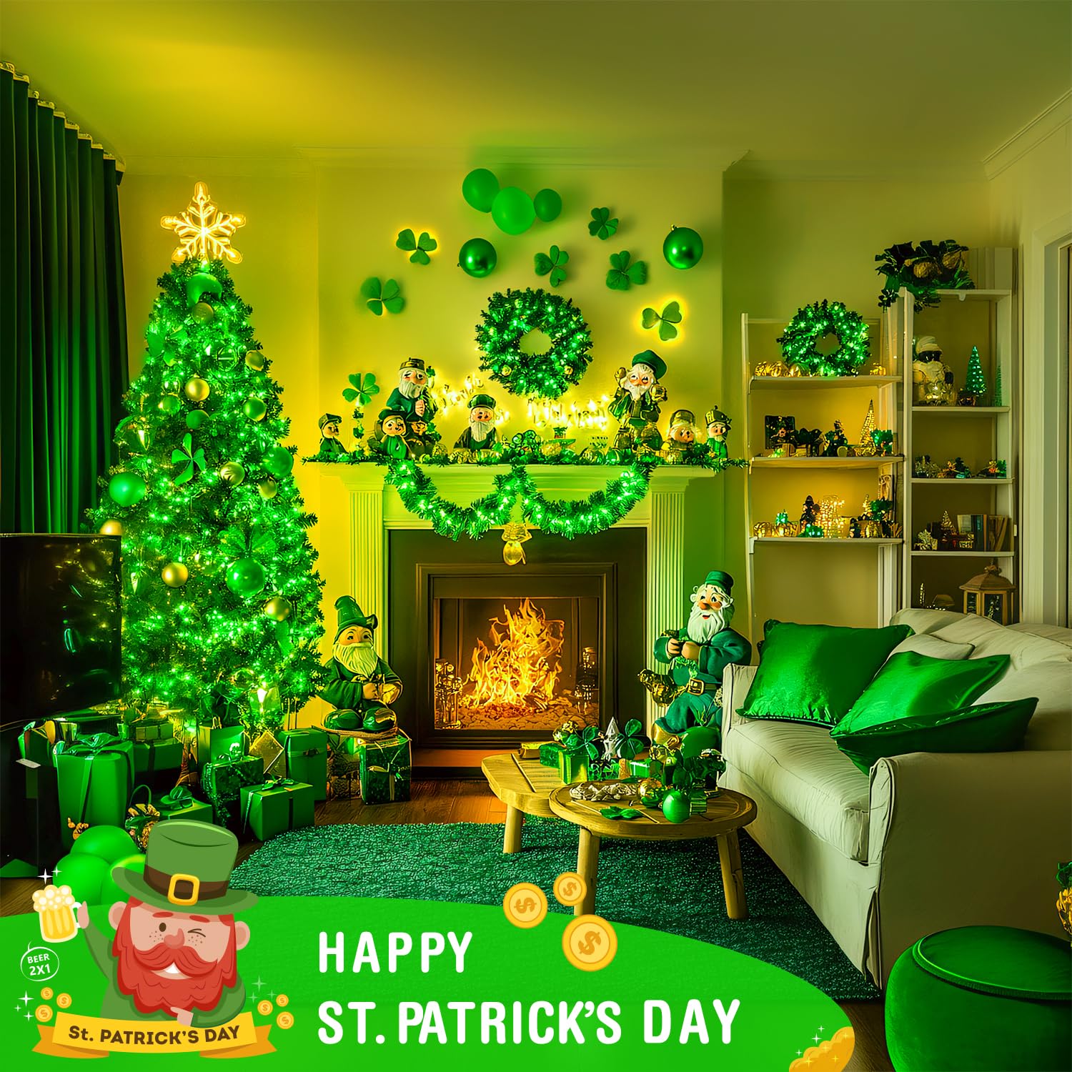 Jmexsuss 2 Pack 100 Led Green Lights For St Patricks Day, Each 33 Ft Green Battery Operated String Lights, Christmas Lights Indo