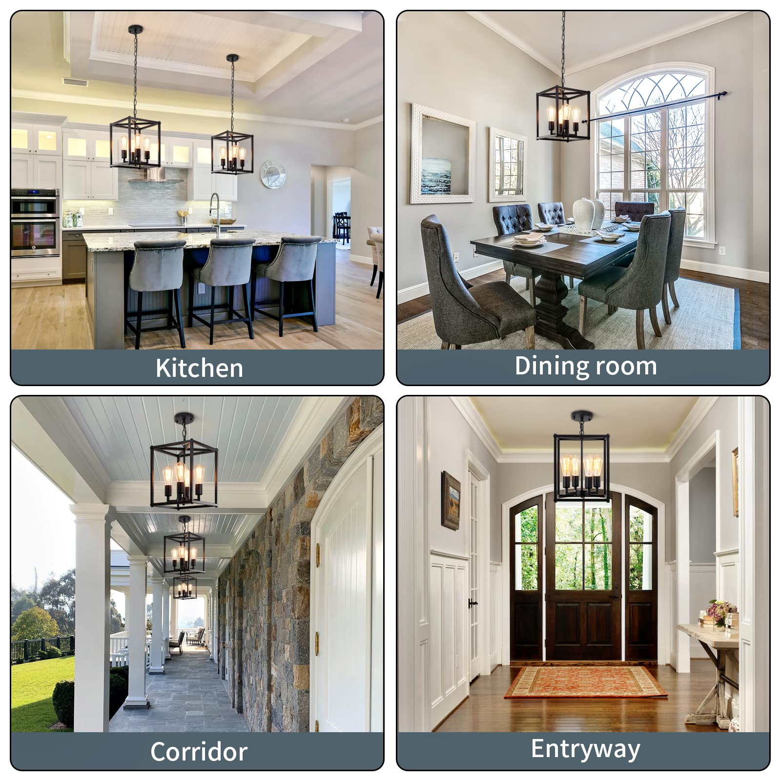 Gzbeini 4-Light Black Chandelier For Dining Room, Adjustable Farmhouse Hanging Light Fixture