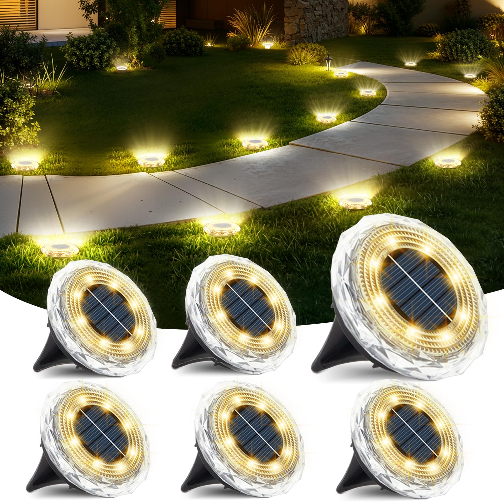 echosari 6 Pack Solar Ground Lights, Upgraded Solar Garden Lights Auto ON/Off Landscape Lighting Outdoor In-Ground Lights Waterp
