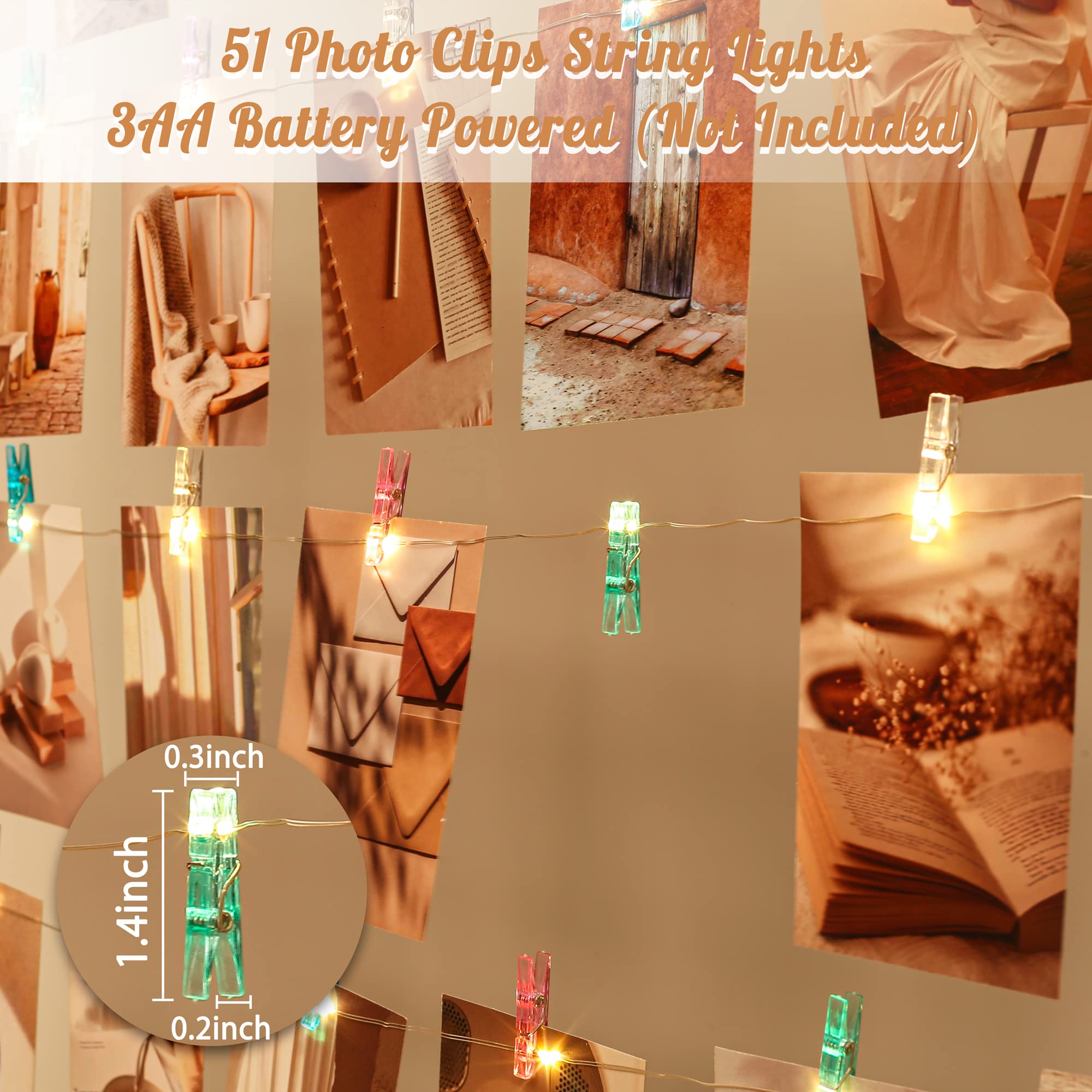 Lusharbor Photo Clips String Light,Fairy Lights With 51 Clear Clips, Battery Operated String Lights With Clips For Pictures, Room Decorations For Dorm Wall Bedroom (Multi-Colored Clips, 17Ft)