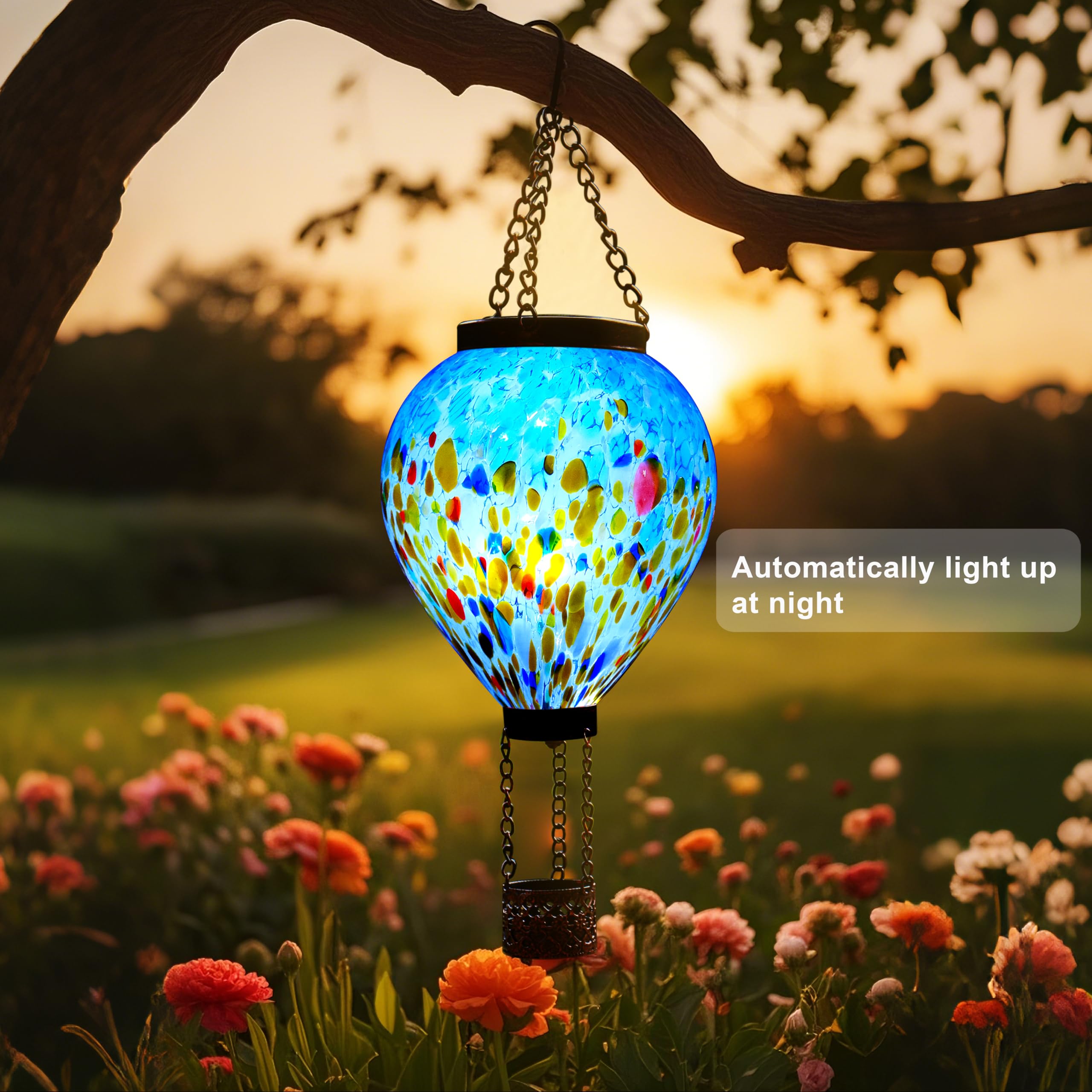 Voreen Solar Hot Air Balloon Glass Lantern - Hand Blown Multicolor Glass Outdoor Hanging Light  Ip44 Waterproof Led  Garden Patio Decoration Gift For Mom Wife Friend  Backyard Night Lighting Decor
