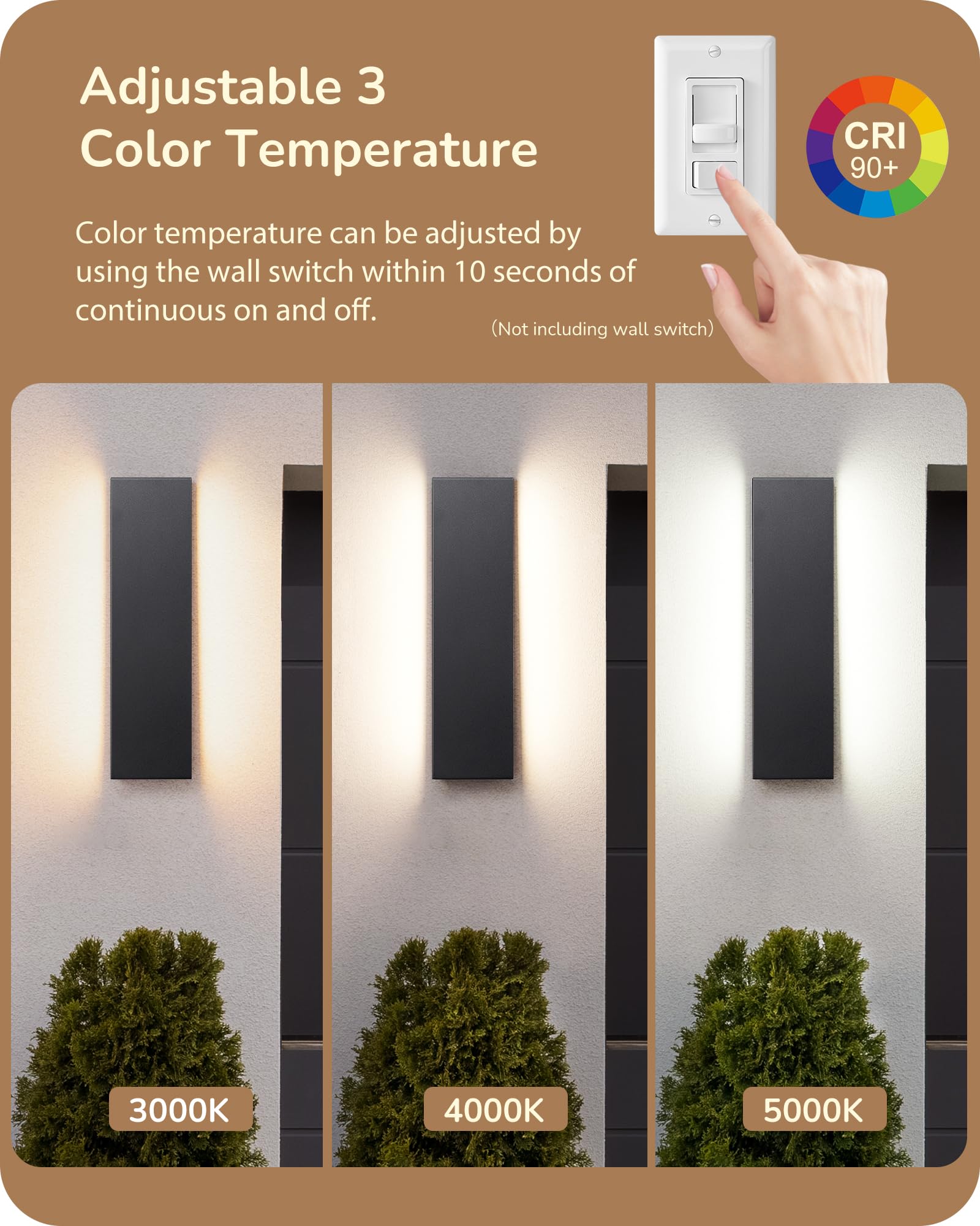 EDISHINE 2 Pack Modern LED Outdoor Wall Lights Dimmable, 3CCT (3000K 4000K 5000K), 15.7 Black Exterior Light Fixtures, Weather