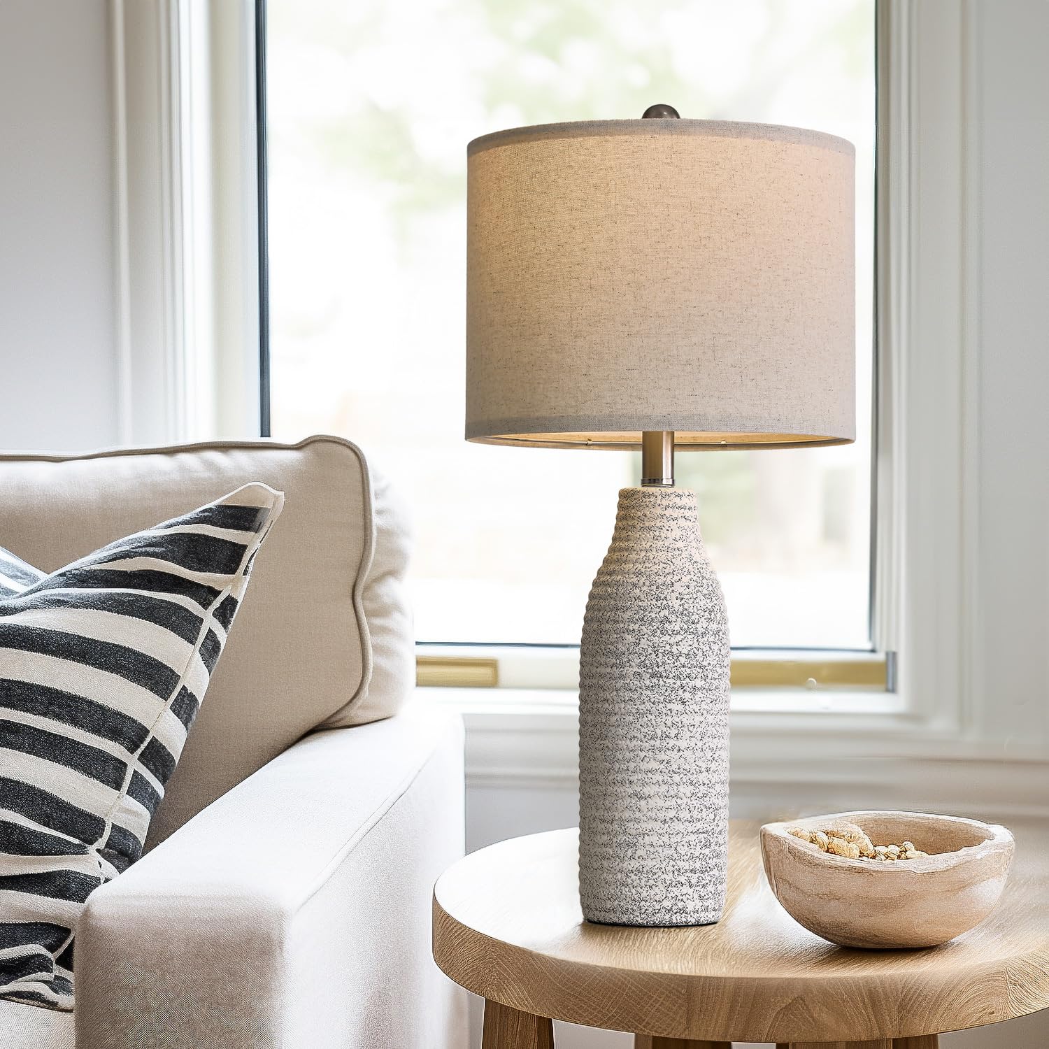 Portres 25'' Ceramic Table Lamp For Bedroom Bedside Lamps For Night Stands Modern Lamps For Living Room With Rotary Switch Gray
