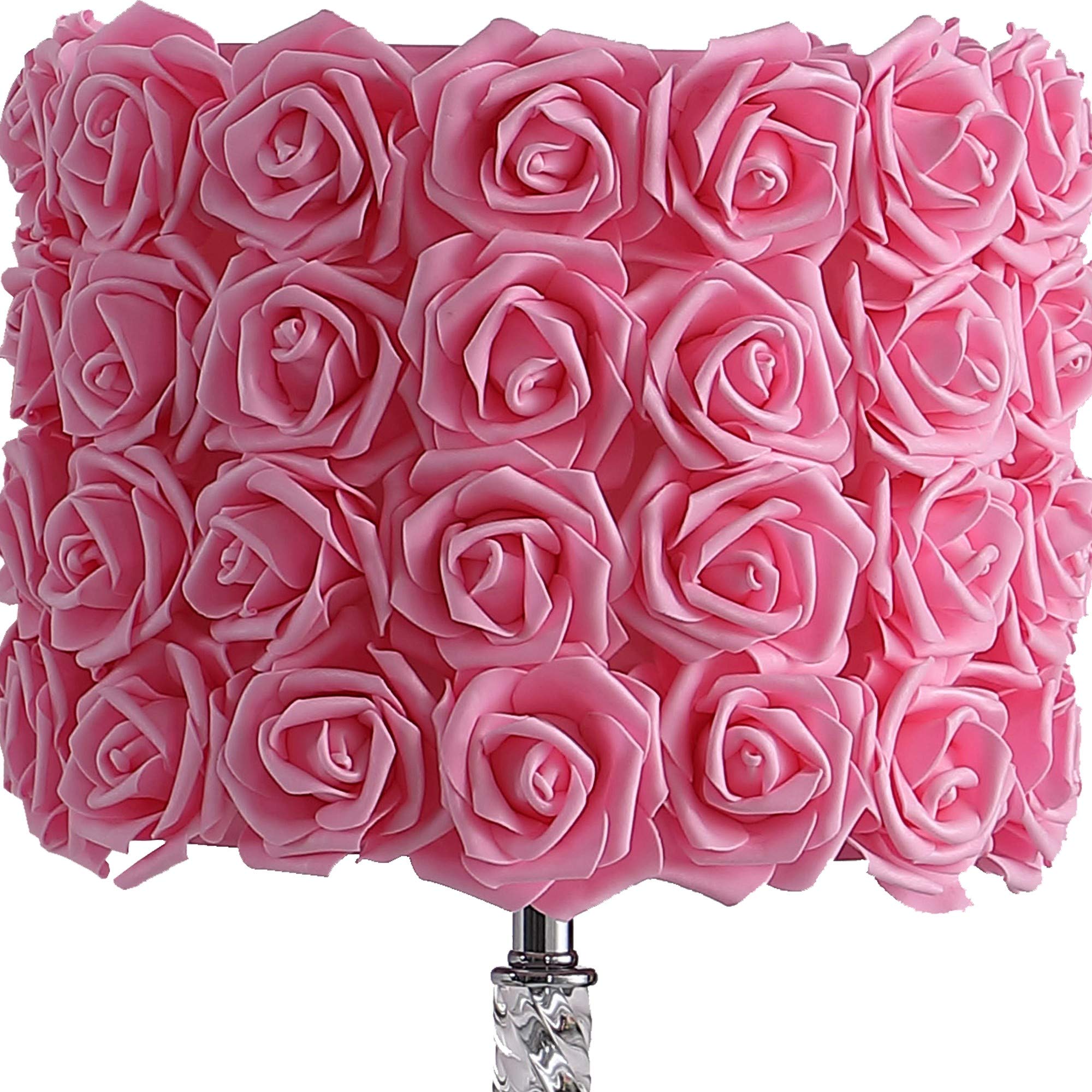 Benzara Bloom Roses Drum Shade Table Lamp, Twisted Acrylic Base, Pink, Model BM231814
