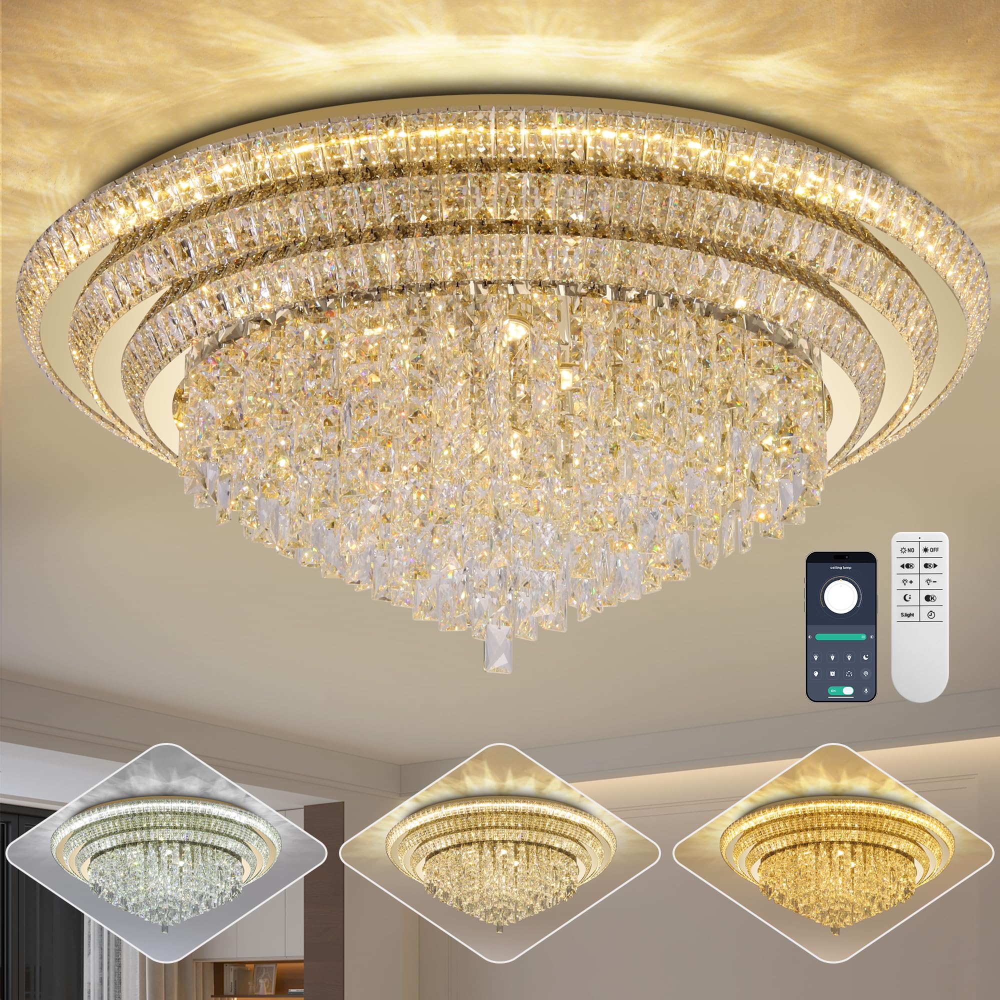 40 inch Crystal Gold Ceiling-Light Flush Mount with Remote Control and APP, 3CCT Dimmable & Brightness Adjustable, Modern Crysta