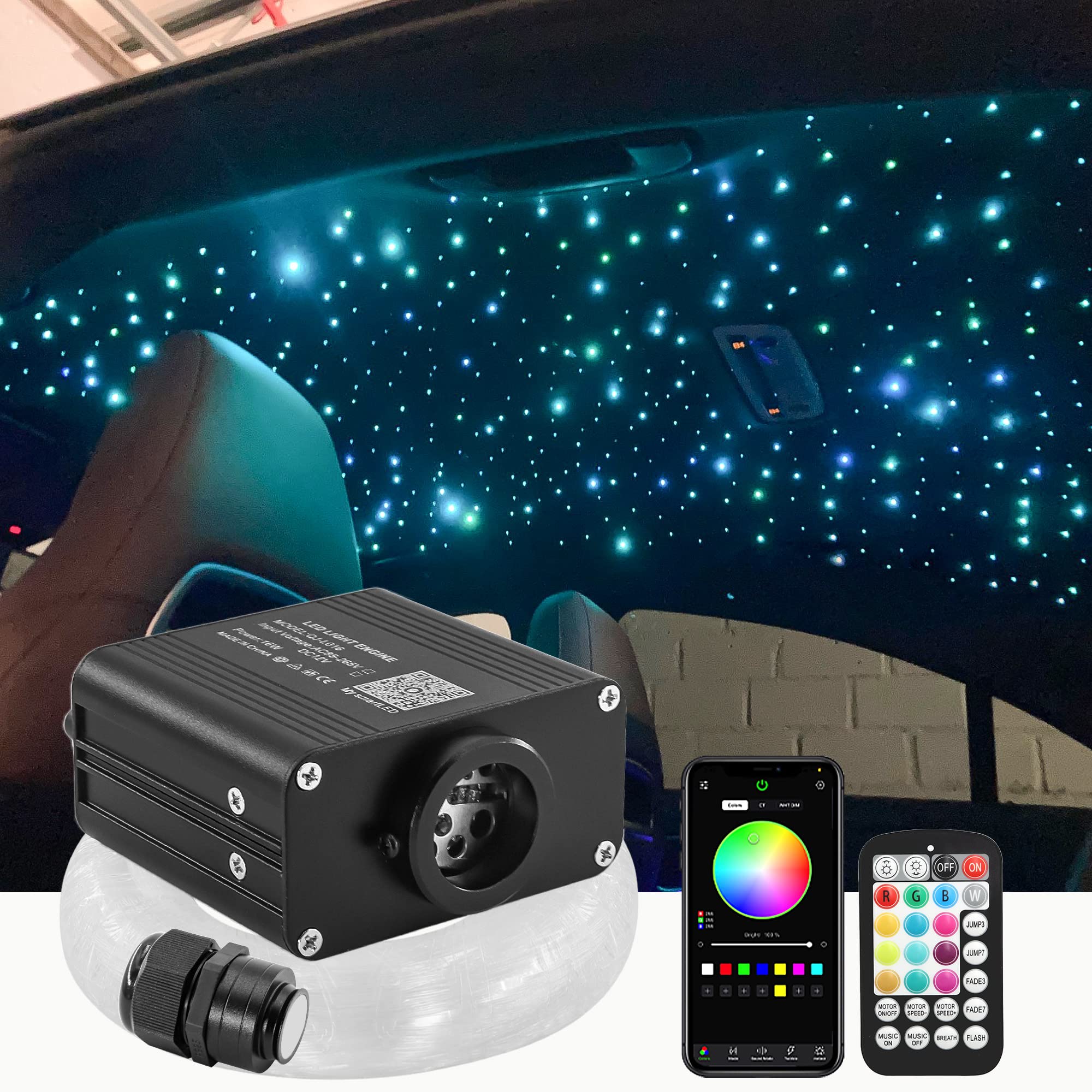 Atokee Starlight Headliner Kit, 16W Twinkle + Sound Activated 300Pcs*0.03In*9.8Ft Fiber Optic Lights Kit, Compact Size Star Roof Lights For Car With App/Rf Remote Music Mode