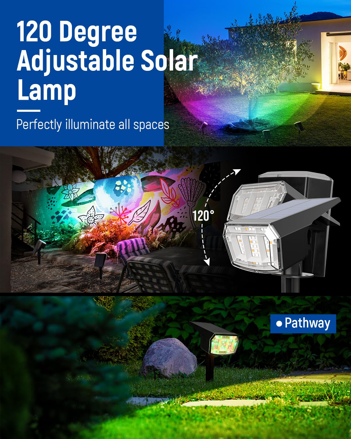 Auderwin Solar Spot Lights Outdoor, 9 Lighting Modes Rgb, Solar Lights Outdoor Waterproof Ip65, 63 Led Landscape Spotlights For