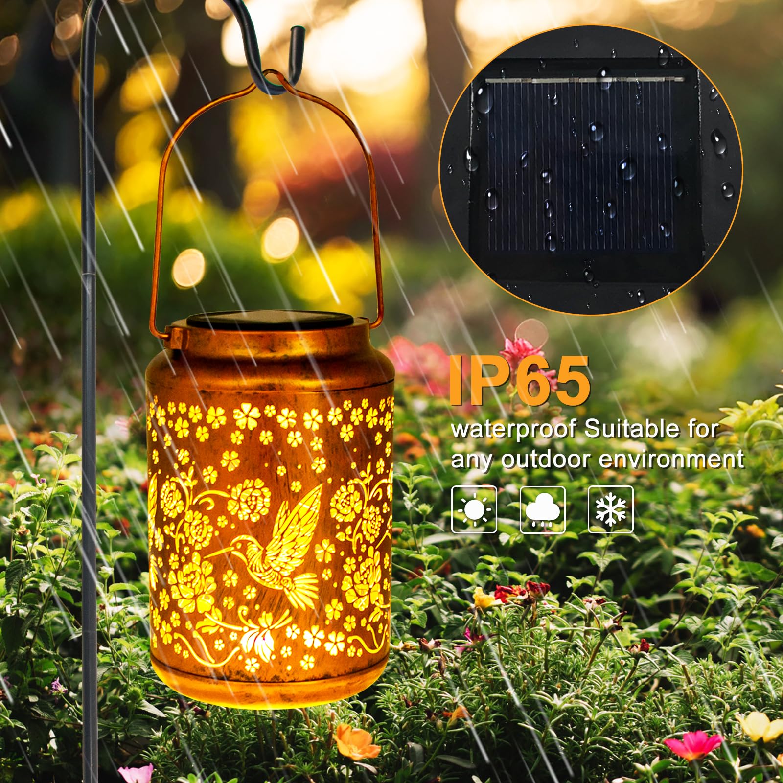 YISITEONE 2 Pack Hummingbird Solar Lanterns, Waterproof Metal Hanging Lights for Garden, Brown, Model ES0425ES00008