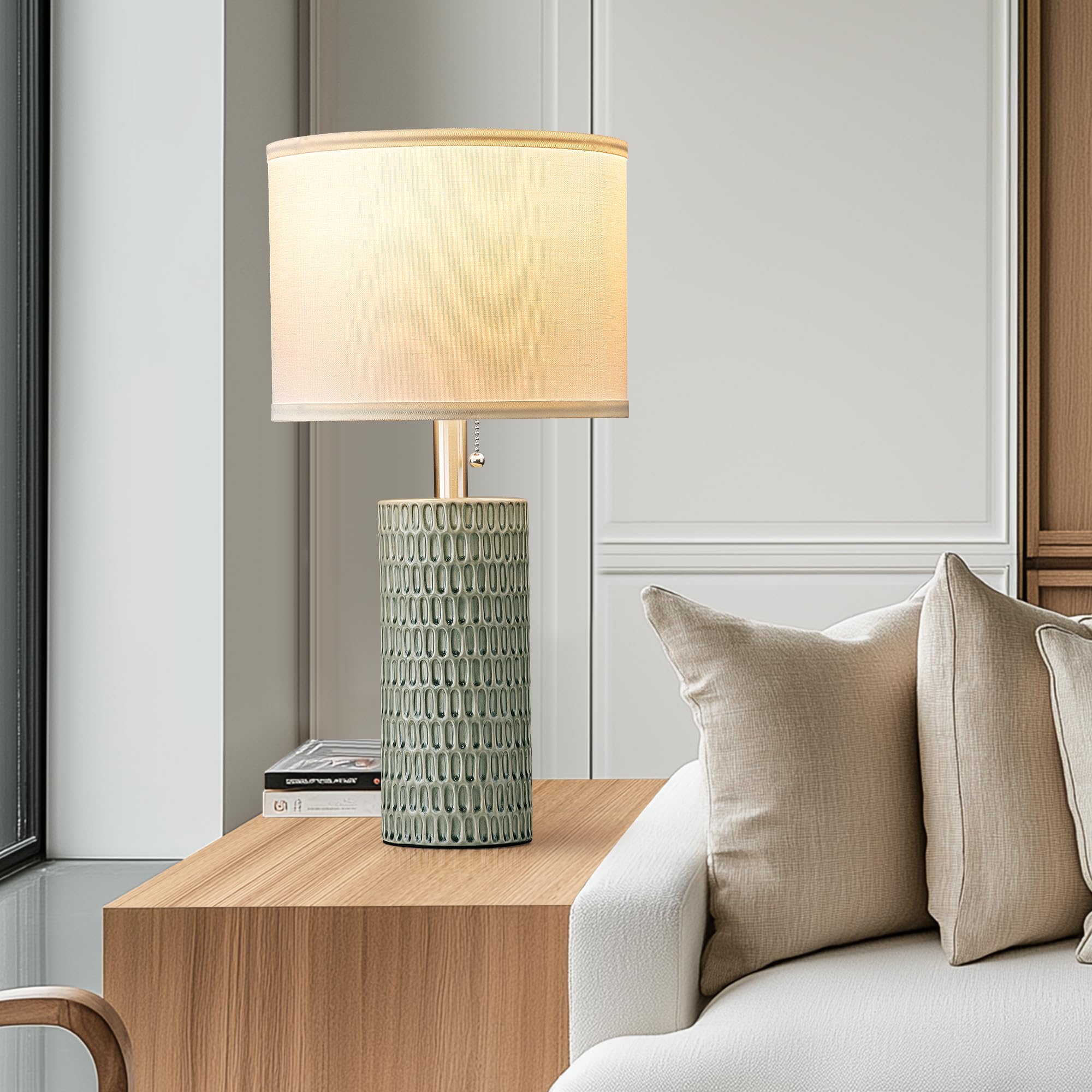 Reaketon Ceramic Table Lamp Set Of 2, 20'' Modern Bedside Lamps For Living Room, Bedroom & Home Office - Pull Chain Nightstand L