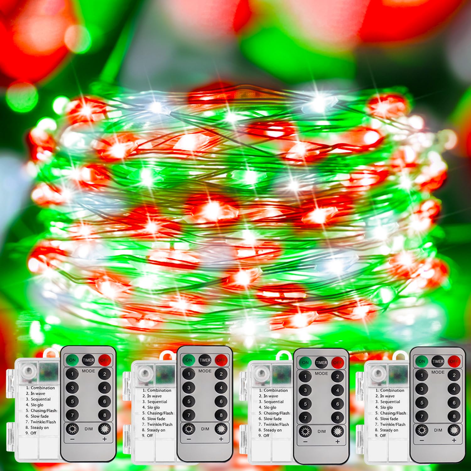 Curyidy Christmas Lights 400LED String Lights, Battery Operated, Remote Control, 4 Pack, Red White Green