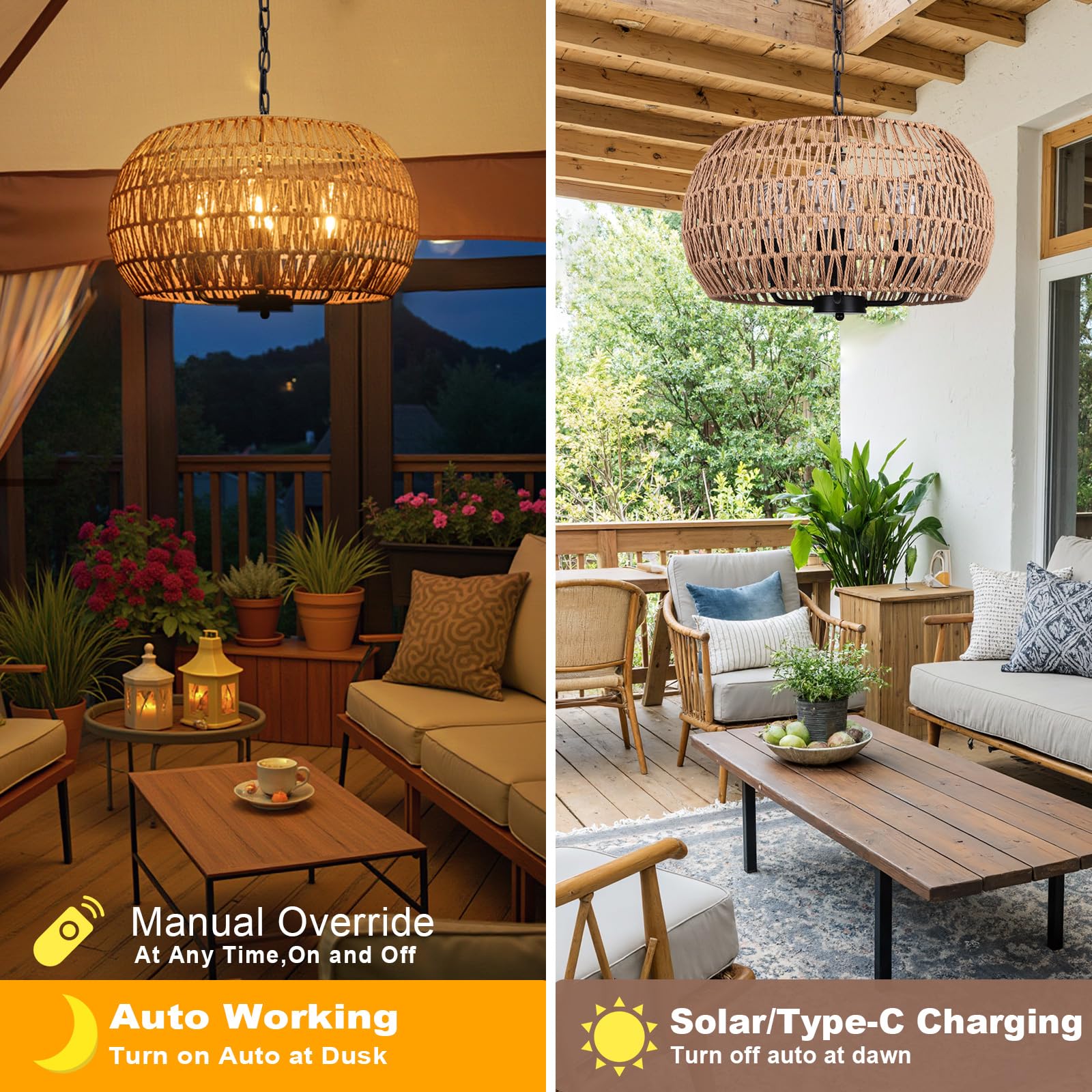 ALL FORTUNE 4-Light Outdoor Solar Chandelier, 19" Beige Rattan, Waterproof Hanging Pendant for Gazebo, Porch, Patio, Model OP-68232-SO