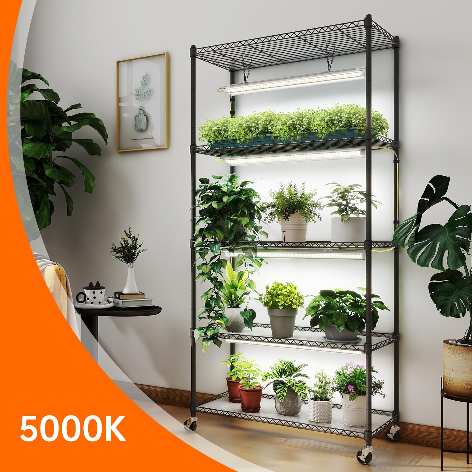 Bstrip 5-Tier Plant Shelf with Grow Lights, 5000K LED, Metal, White, 29.5x13.8x59IN, Model INW55660T652