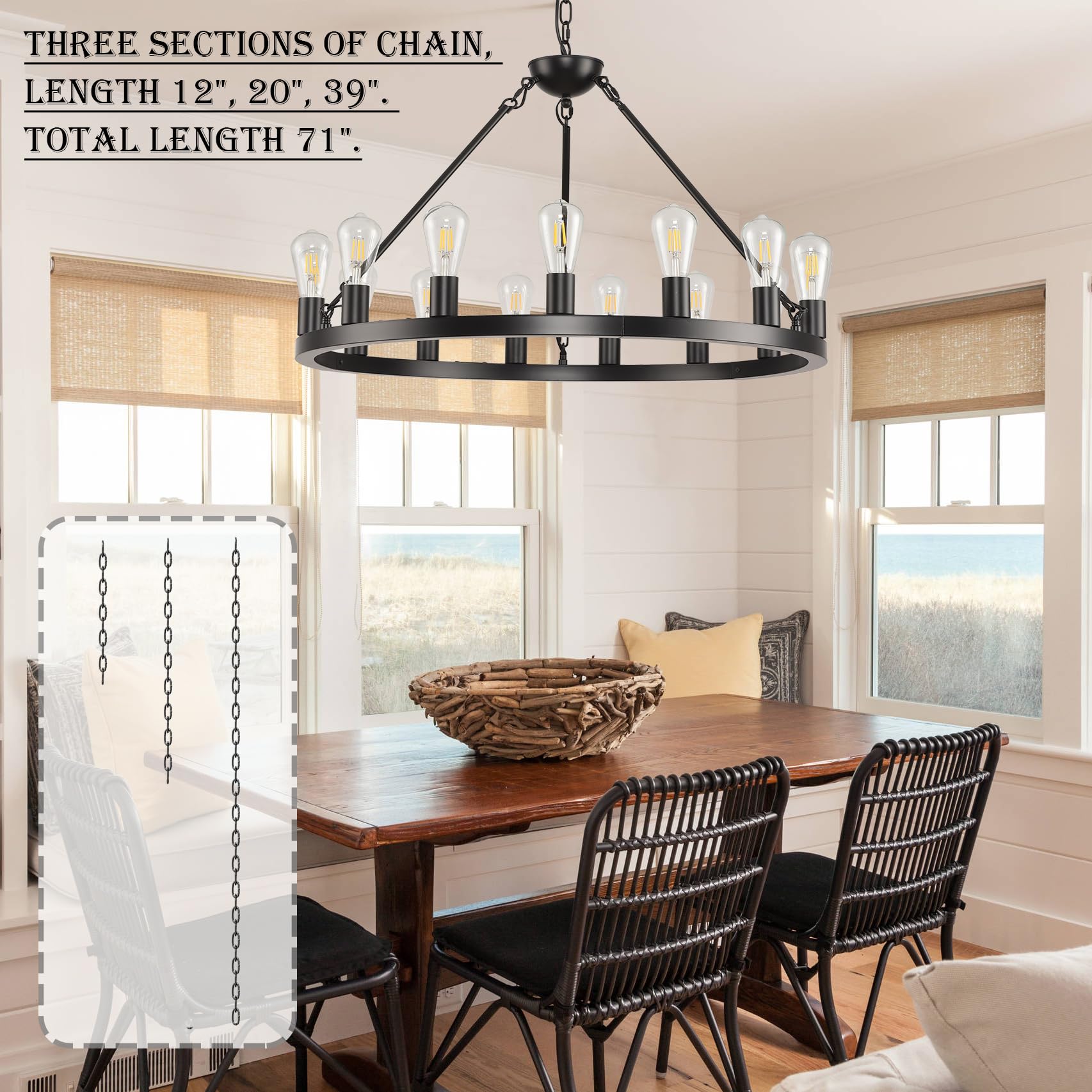 Sarudiir 32 Inch Black Wagon Wheel Chandelier 15-Light Farmhouse Round Wheel Chandeliers Hanging Light Fixture Outdoor Wagon Whe