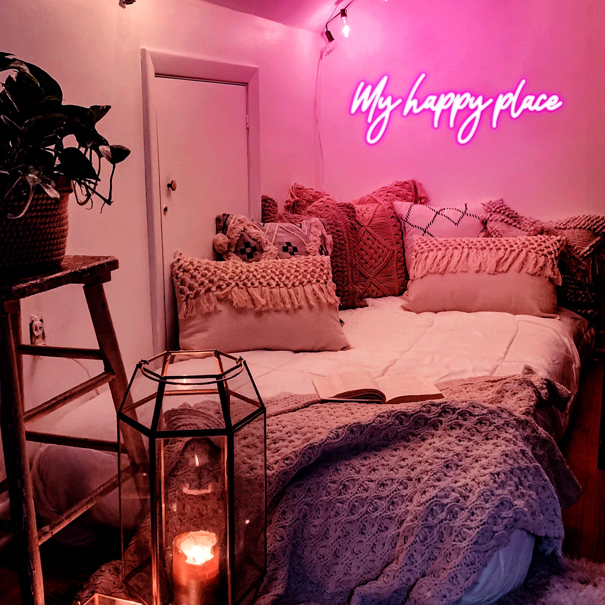 Kavaas Neon Sign - My Happy Place LED Wall Decor, 16.9inx5.9in, Pink Plastic Light Up Sign for Bedroom, Bar, Office, Dorms