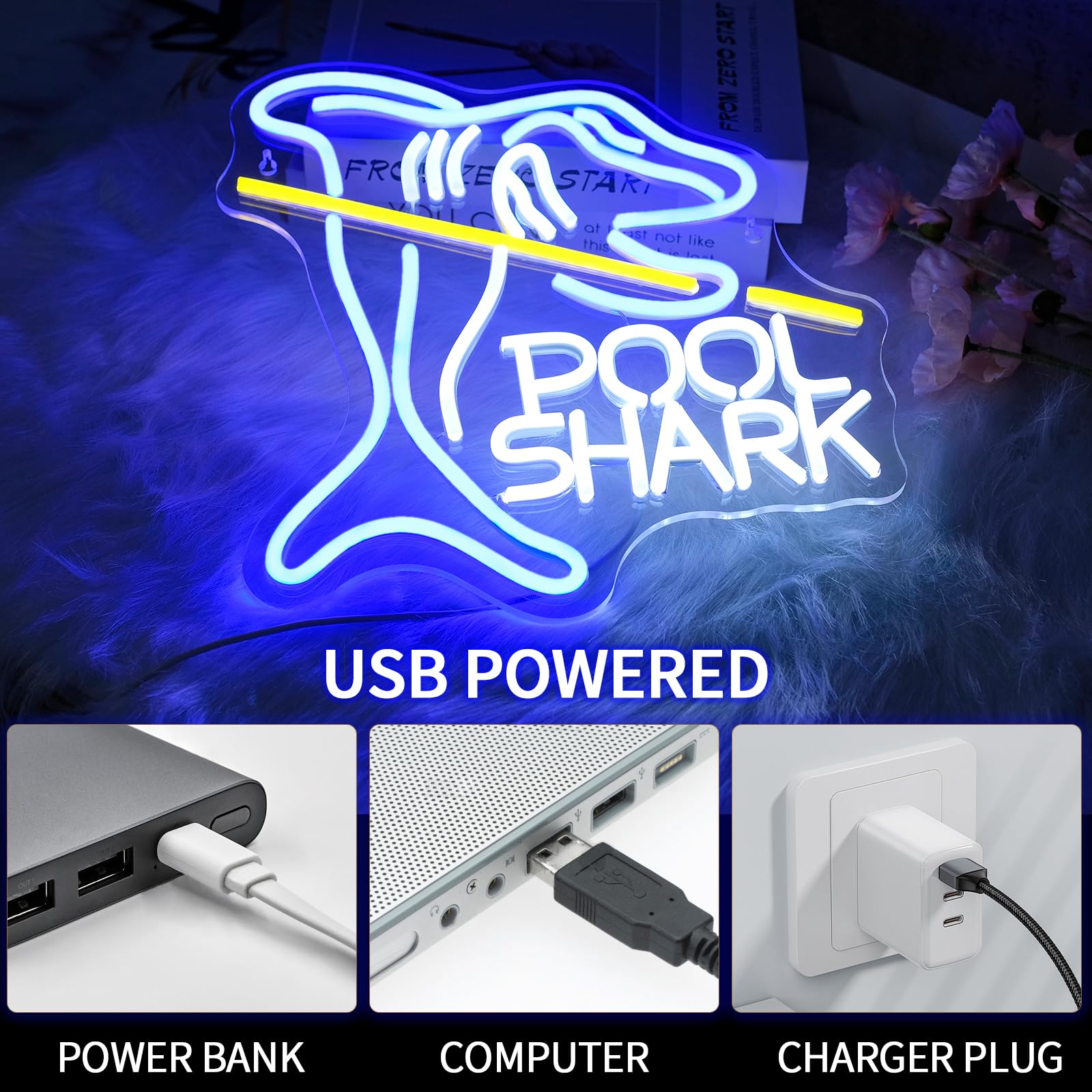 Virlusy Pool Shark Neon Sign For Wall Decor Dimmable Led Lights Signs Billiards Led Signs For Game Room Shark Neon Light Room Decor For Bar Pub Club Man Cave Decoration Boys Gift