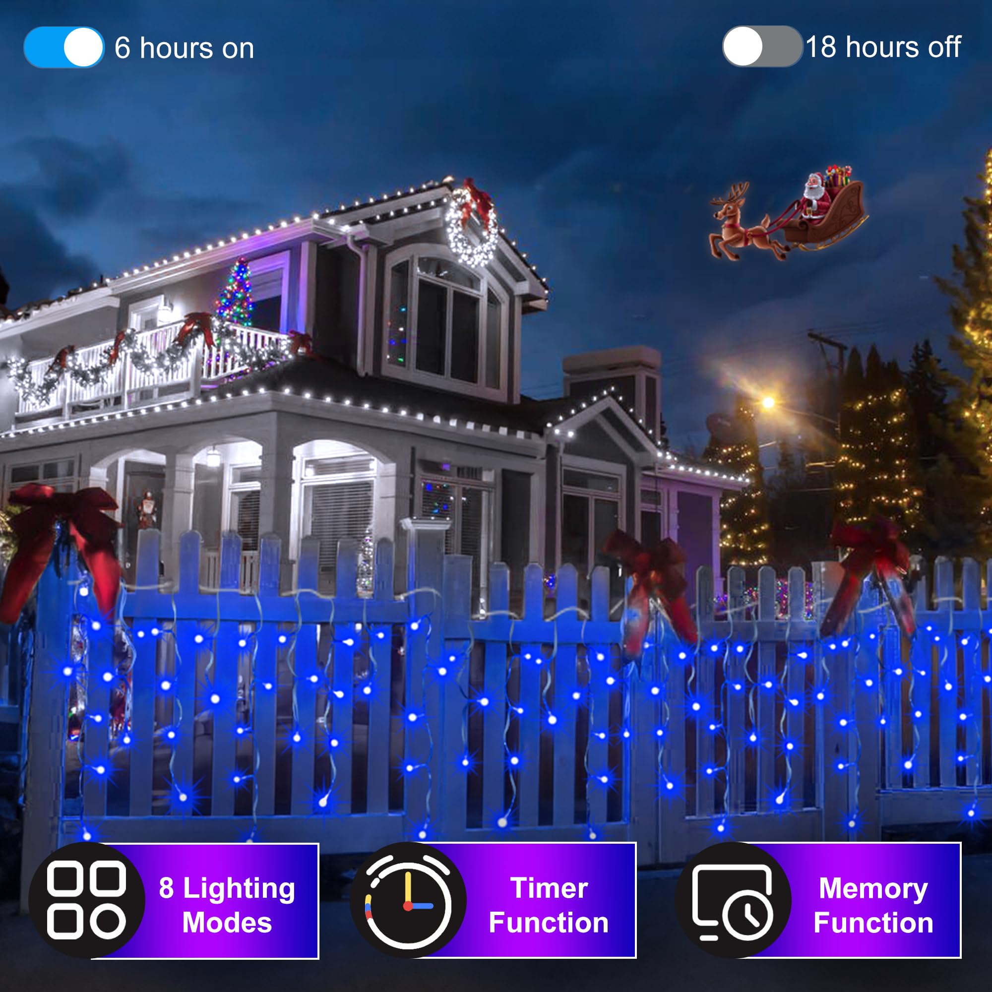 QUHUATU LED Christmas Outdoor Lights, 164ft Curtain Lights, 360 Drops, 8 Modes, Waterproof, Blue, Model WX-1620L